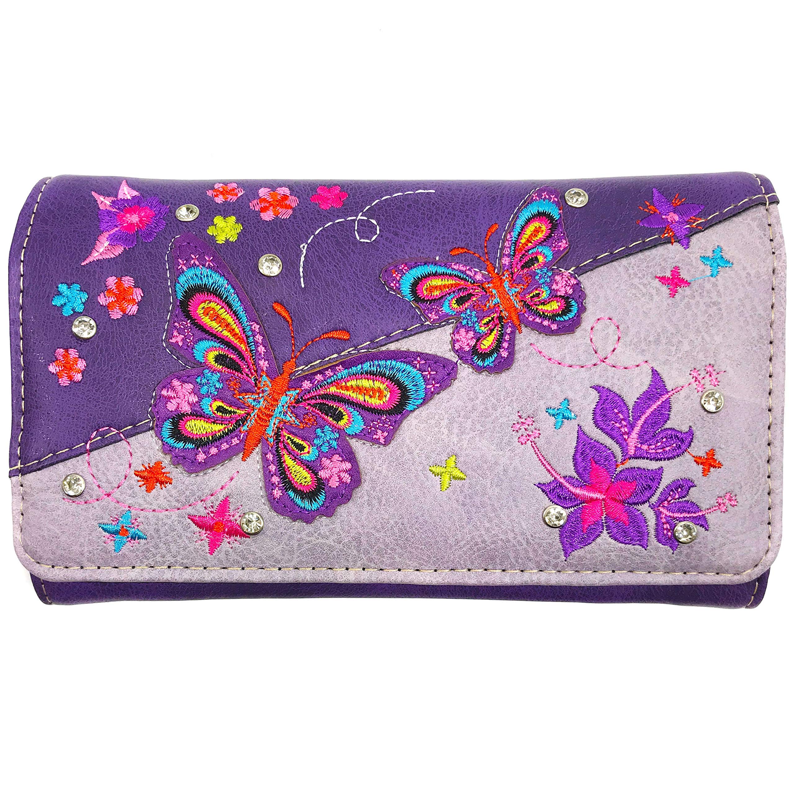 Zelris Butterfly Flower Season Embroidery Women Crossbody Wrist Trifold Wallet