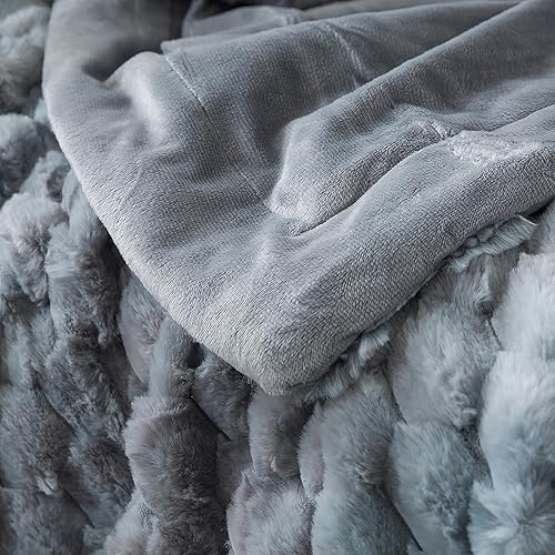 Miniatura 3 de Wajade Manta de felpa de piel sintética, suave patrón de diamante jacquard de doble capa de forro polar esponjoso para todas las estaciones,