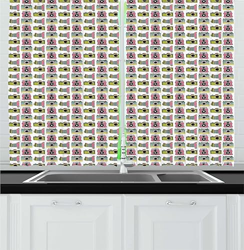 Lunarable Cortinas de cocina vintage, cámaras retro en color rosa y verde, estilo hipster con temática de fotografía, juego de 2 paneles para