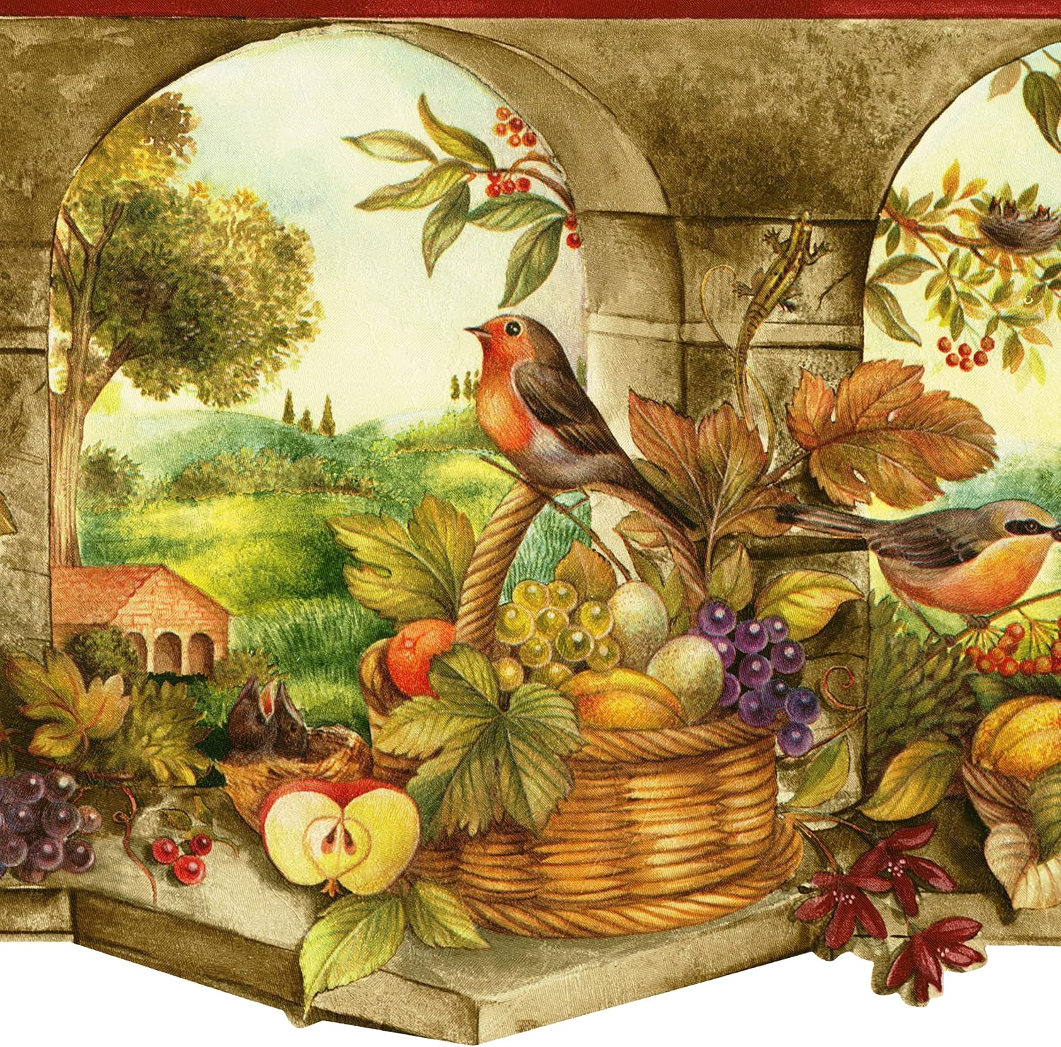 CONCORD WALLCOVERINGS ™ Wallpaper Border Country Pattern Fruit Baskets Columns Birds Leaves, Die Cut Edge for Cottage Farmhouse Kitchen, Brown Green Red, 15 ft by 8.75 in KS76858DLL