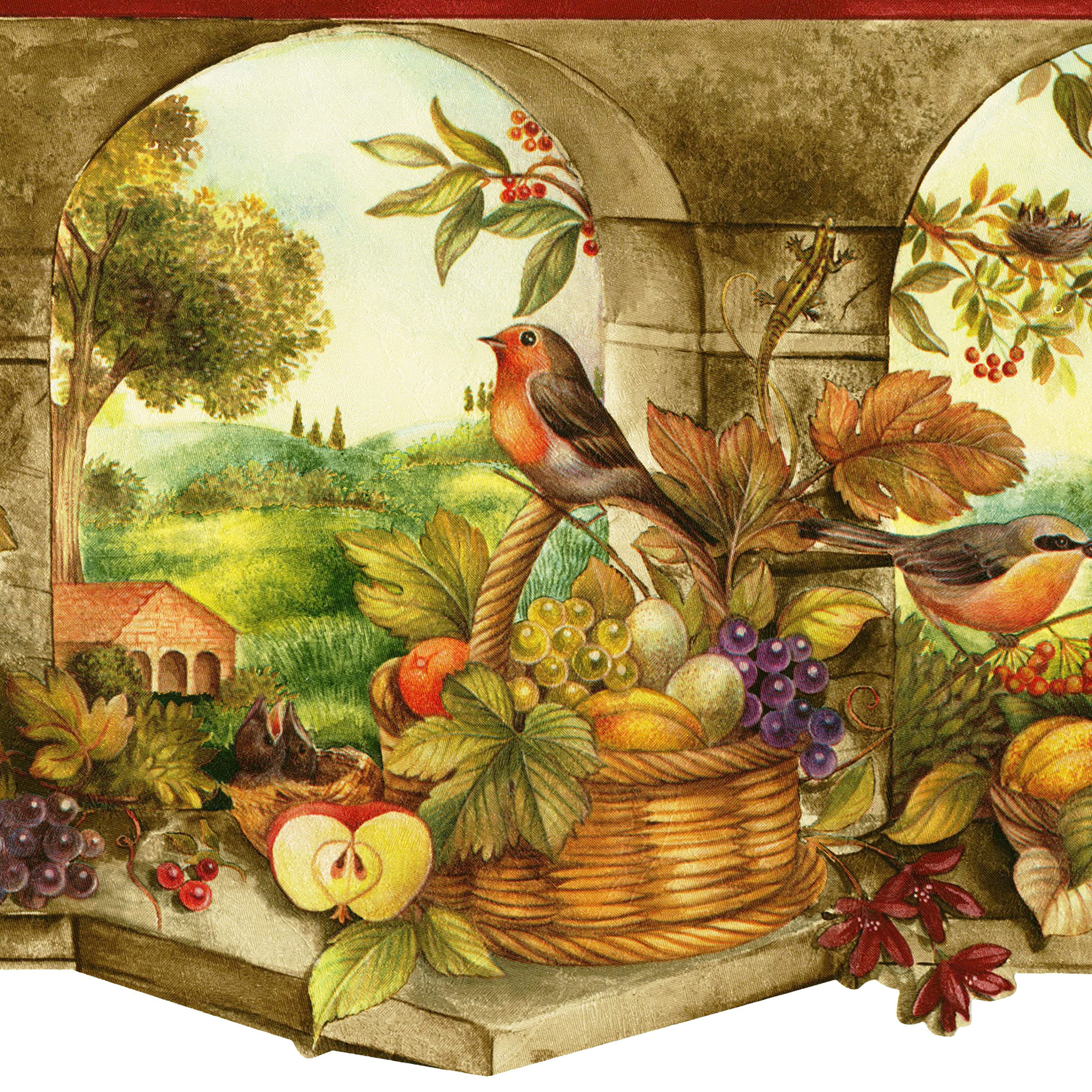 Bordure de papier peint champêtre découpée marron vert rouge pour cuisine KS76858DLL