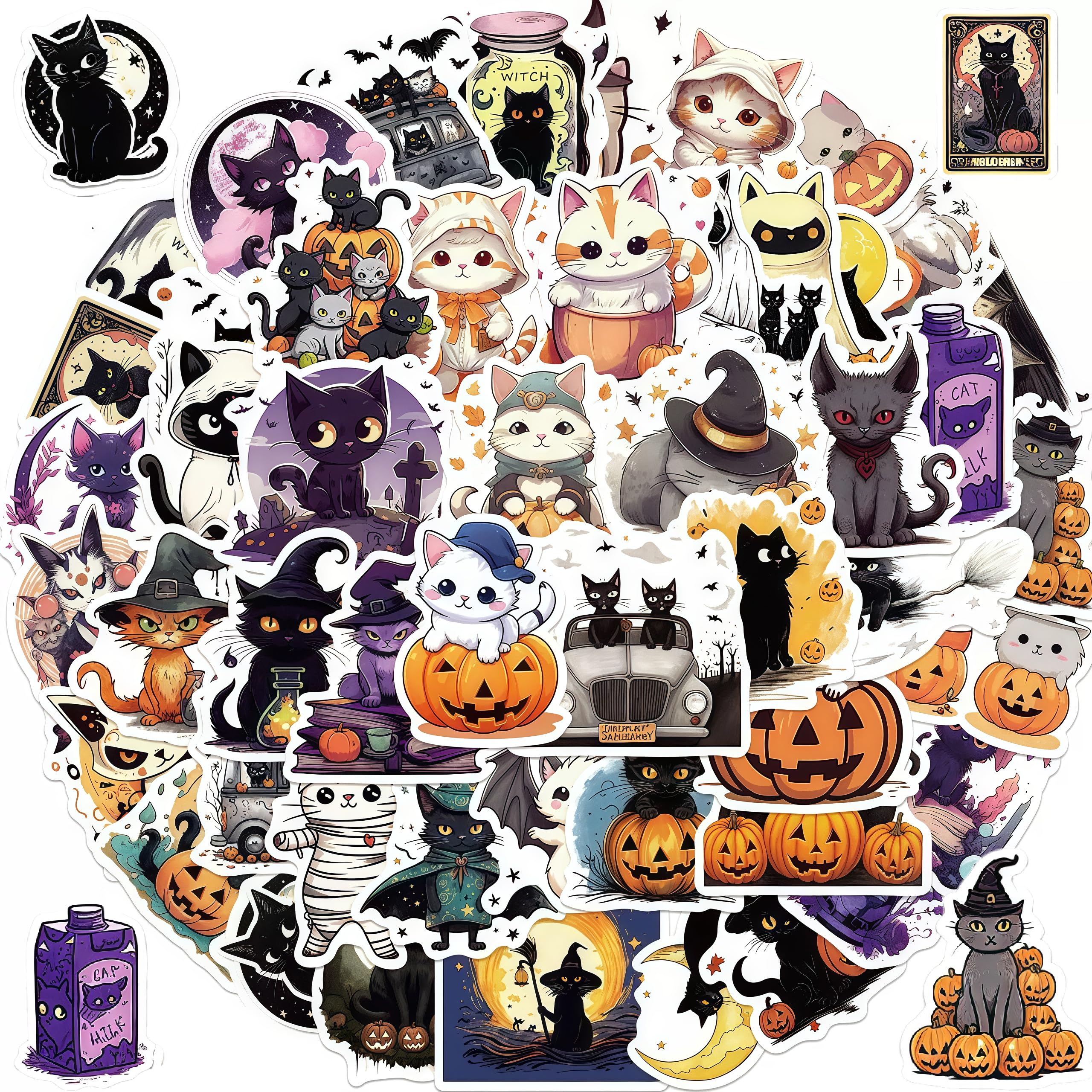 Buxiugan Purple-Cat Halloween Scrapbook Stickers，50Pcs Purple Bookish Stickers Pack Cute Cat Halloween Stickers For Kids Waterproof Vinyl Kindle Stickers For Readers Reusable Book Lover Accessories