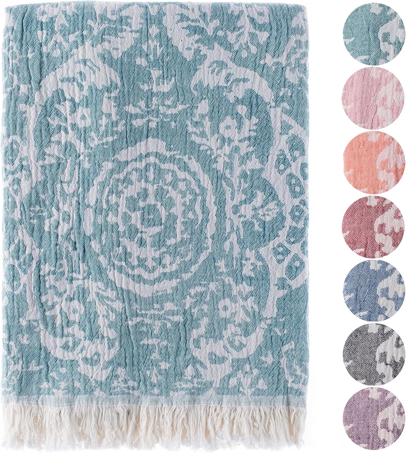 Fe&Ze Turkish Beach Towel with Hanging Loop, 35x70 in, 100% Cotton Turkish Bath Towels, Quick Dry, Highly Absorbent, Lightweight Turkish Towel for Travel, Coco Collection, Teal Green Towel