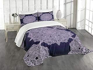 Ambesonne Purple Mandala Bedspread, Bohemian Floral Pattern with Continuous Round Mandalas Concept, Decorative Quilted 3 Piece Coverlet Set with 2 Pillow Shams, Queen Size, Pale Mauve
