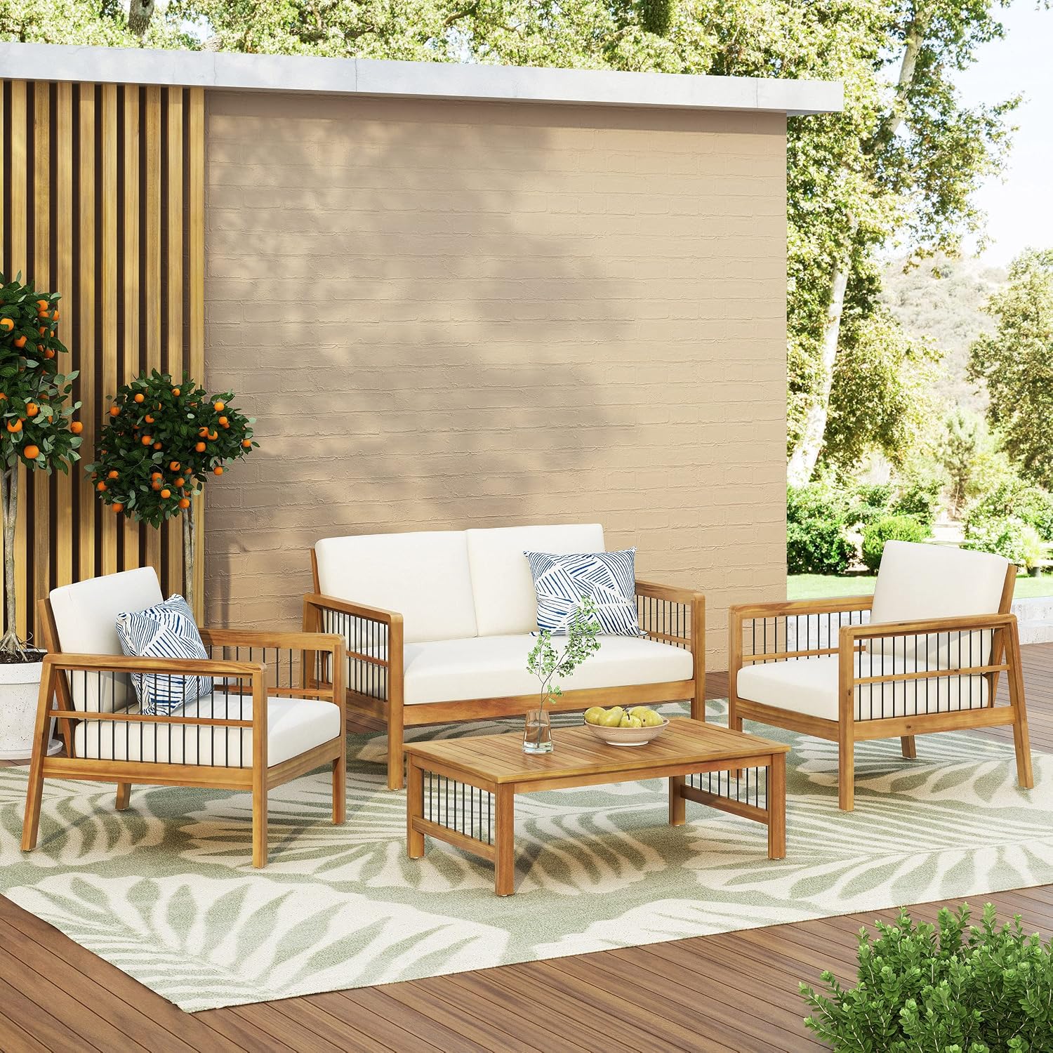 Christopher Knight Home Elias Chat Set, Beige + Teak + Black Metal