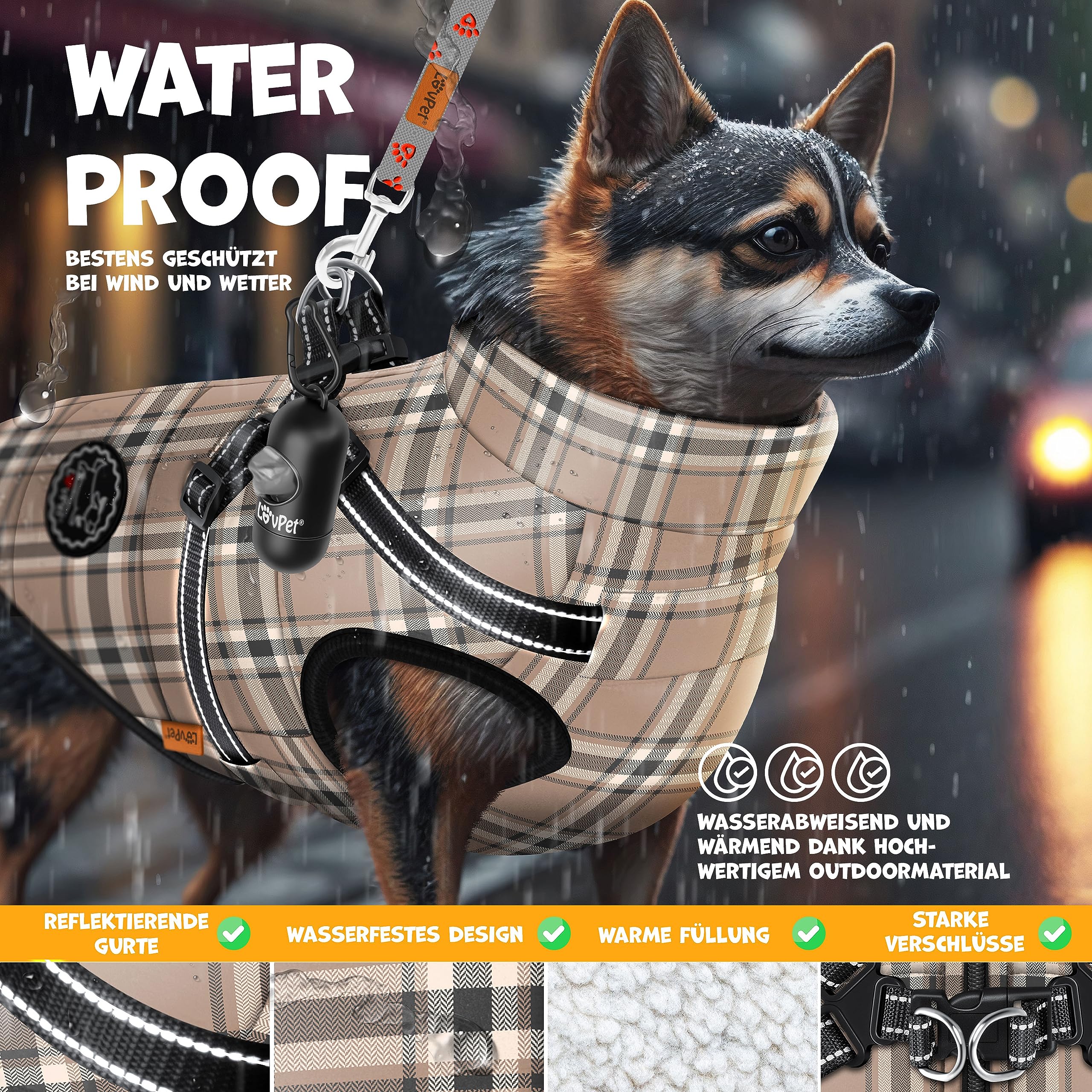 Lovpet® Giacca per Cani con Pettorina, con 45 Sacchetti per Escrementi + Dispenser per Cani, Gilet Invernale Imbottito, Impermeabile, con Cintura Toracica, riflettori, Anello a D XL, Beige
