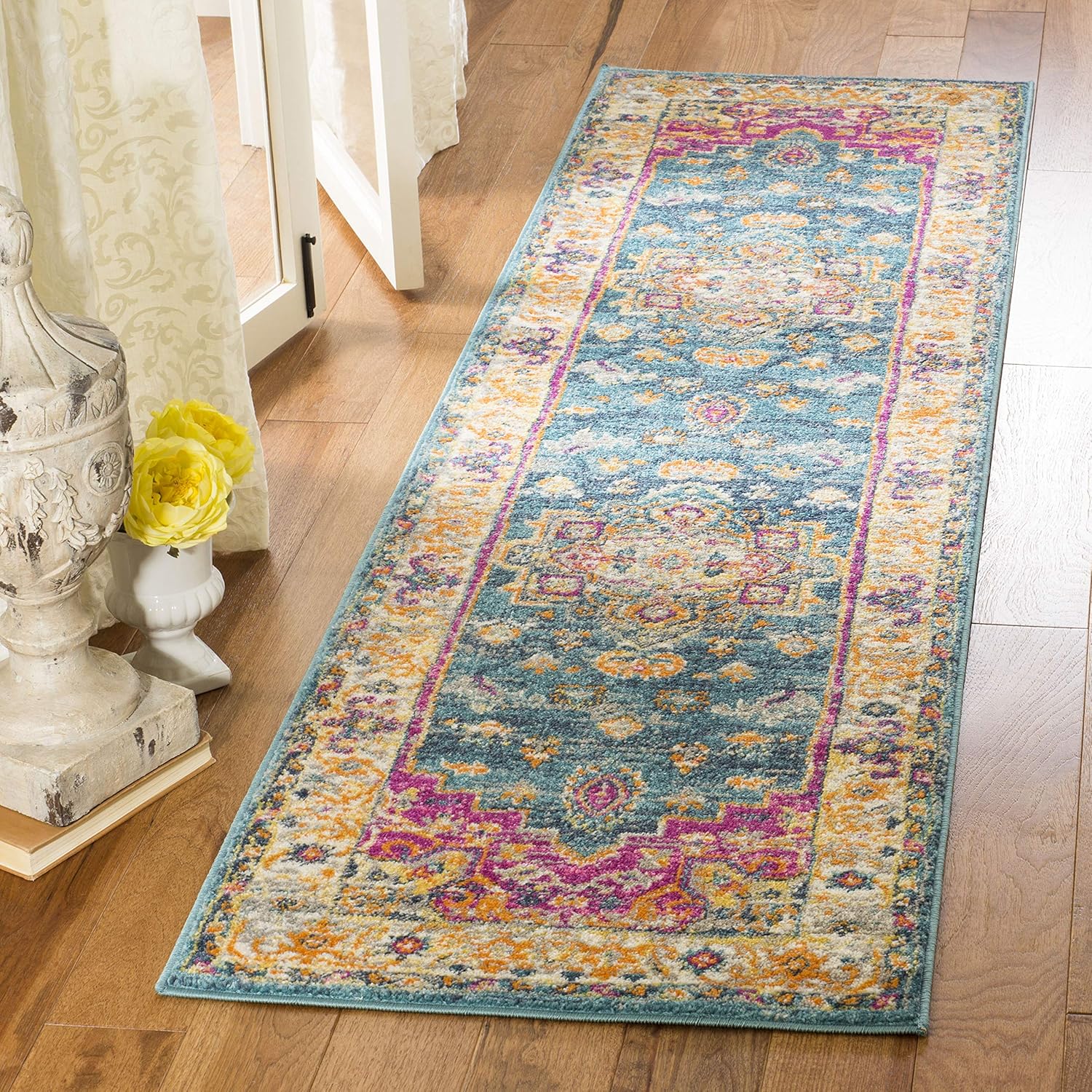 SAFAVIEH Madison Collection Runner Rug - 2'3" x 12', Blue & Multi, Boho Chic Medallion Distressed Design, Non-Shedding & Easy Care, Ideal for High Traffic Areas in Living Room, Bedroom (MAD202M)