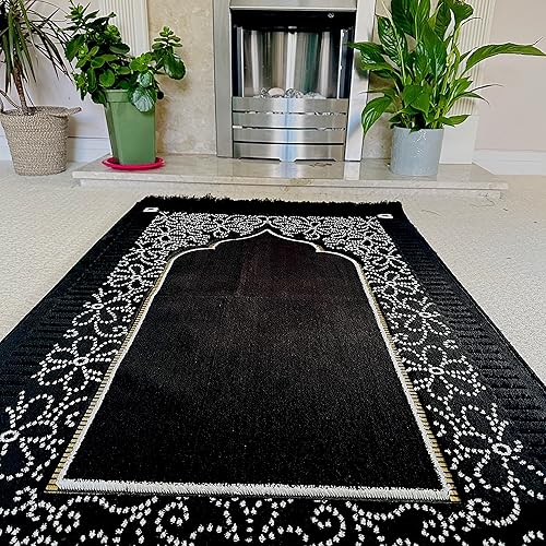 Miniatura 7 de Mihrab - Tapete de oración de terciopelo de lujo original, 26.46 oz de peso, fabricado en Turquía, color negro
