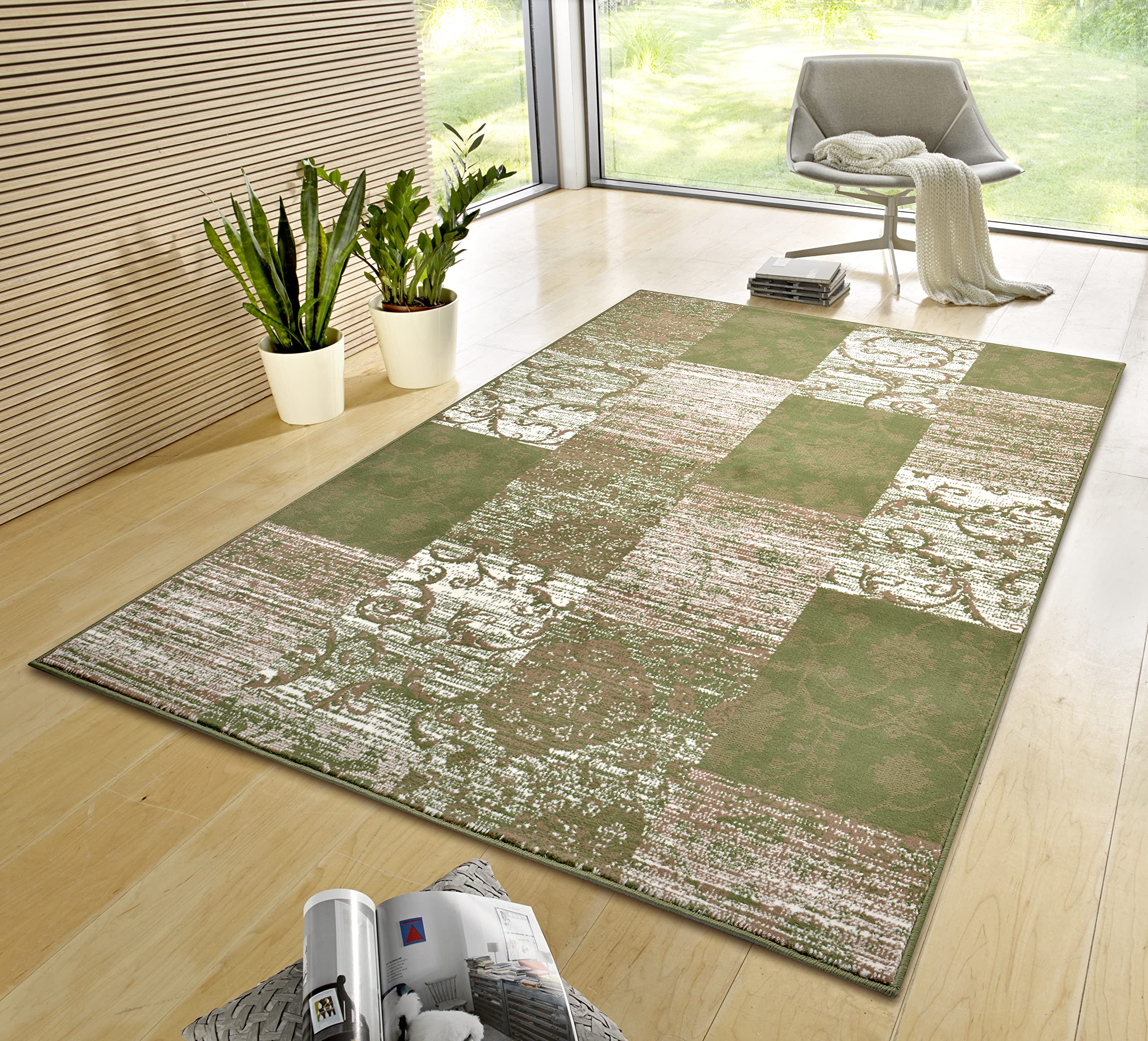 Hanse Home Gloria Teppich 200x290cm – Wohzimmerteppich Mehrfarbig Modern Velours Teppich Schlafzimmerteppich für Flur, Esszimmer, Schlafzimmer, Kinderzimmer, Wohnzimmer, Küche – Green Creme
