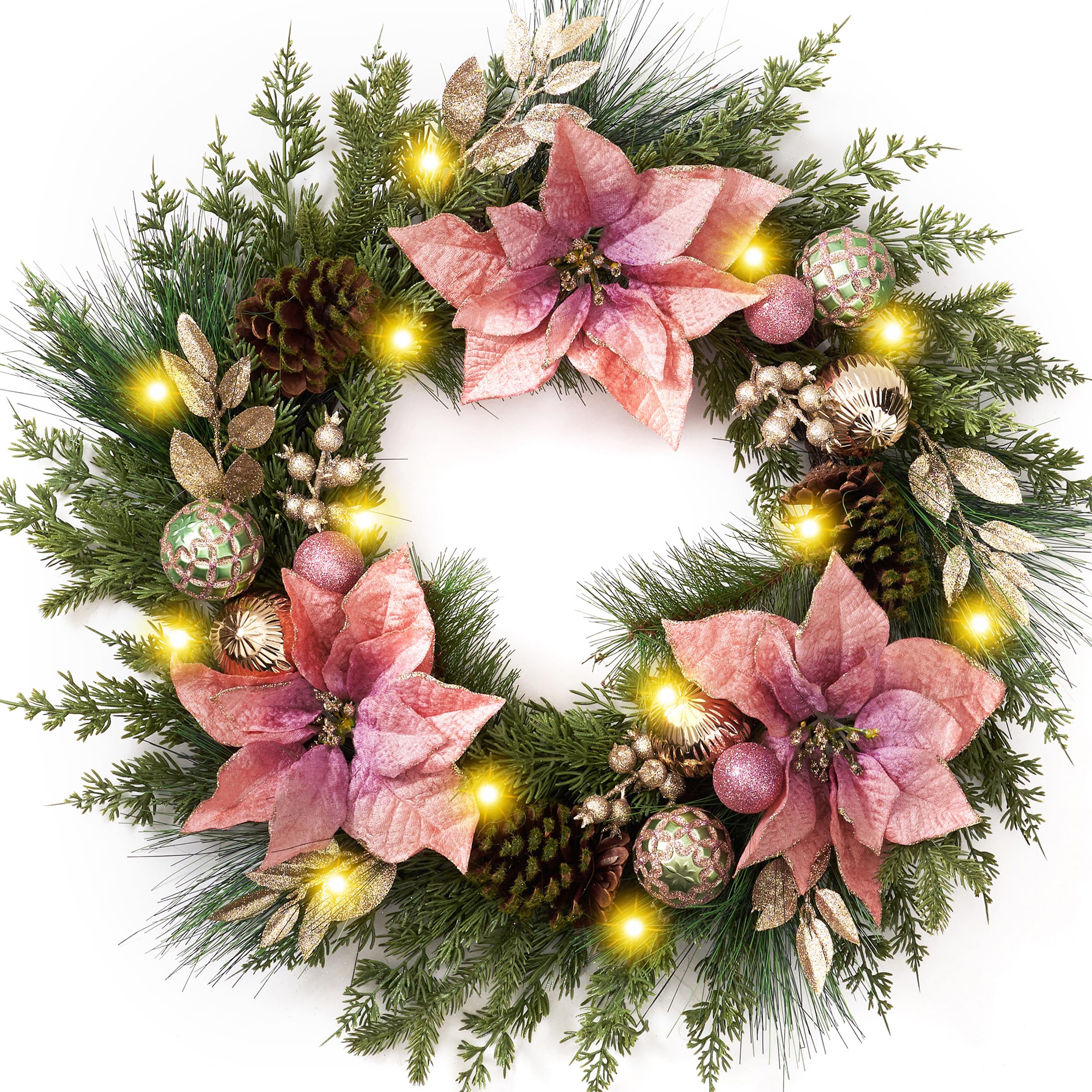 Decorbyhannah Couronne de Saint-Valentin pliable de 61 cm pour porte d'entrée avec lumières, décoration de Saint-Valentin artificielle avec fleurs roses pour fenêtre de table (rose doré)
