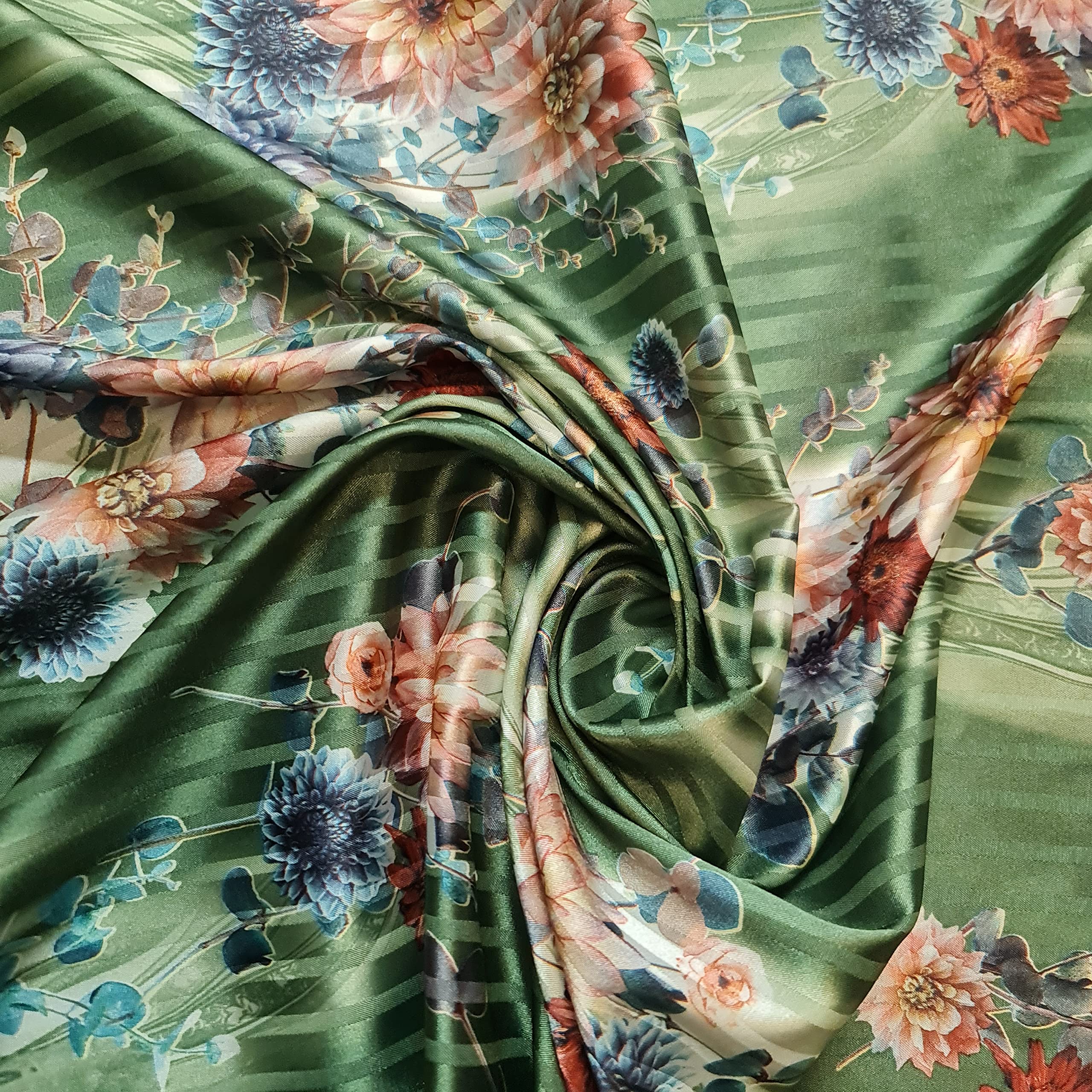 58"/150cm Wide Plain Poly Silk Satin Fabric (Available in 20+ Colours & Various Lengths) (Green Floral, 1 Meter (PRE Cut)) โ image 1