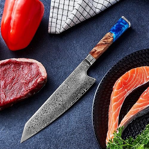 Miniatura 3 de Miyamoto Cuchillo de chef de Damasco de 8 pulgadas, acero de 67 capas, hoja ultra afilada de alto carbono con mango de resina para cortar y tallar