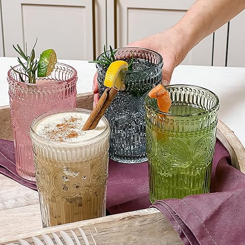 Miniatura 3 de Juego de 6 vasos de vidrio acanalado acanalado de 13 onzas con diseño de flores juego de 6 vasos de agua con textura vintage