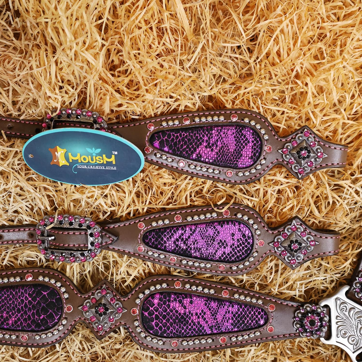 Headstall and Breast Collar Tack Set with Pink Snake Texture Leather, Nickel Studs, and Pink Rhinestones – Perfect Valentine's Day Gift for Equestrian Lovers