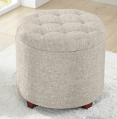 Ornavo Home Donovan - Otomana redonda de almacenamiento con tapa extraíble para sala de estar y dormitorio, color lino beige