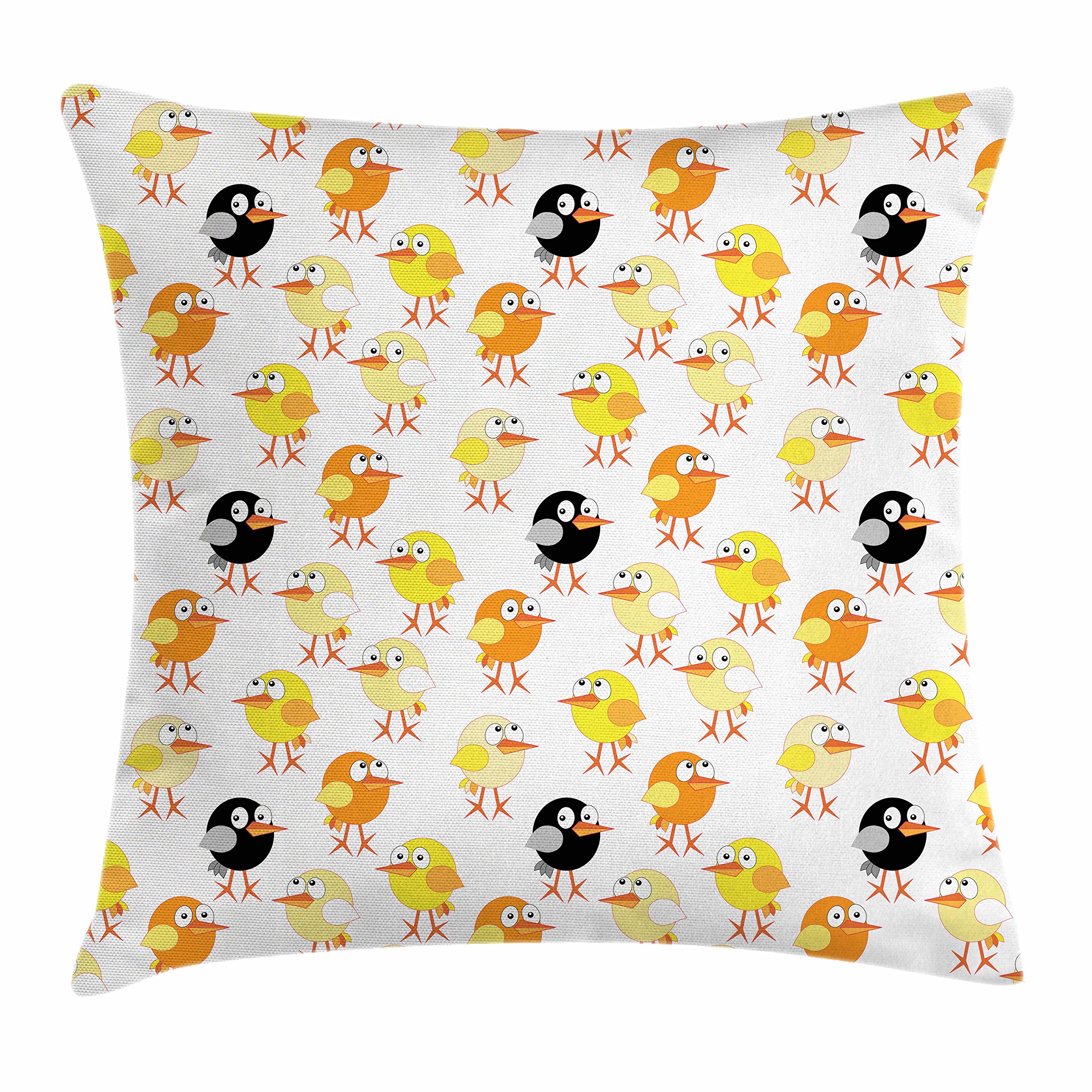 Lunarable Birds Throw Pillow Cushion Cover, Cartoon Design with Oval Shaped Chickens of Many Colors, Decorative Square Accent Pillow Case, 16