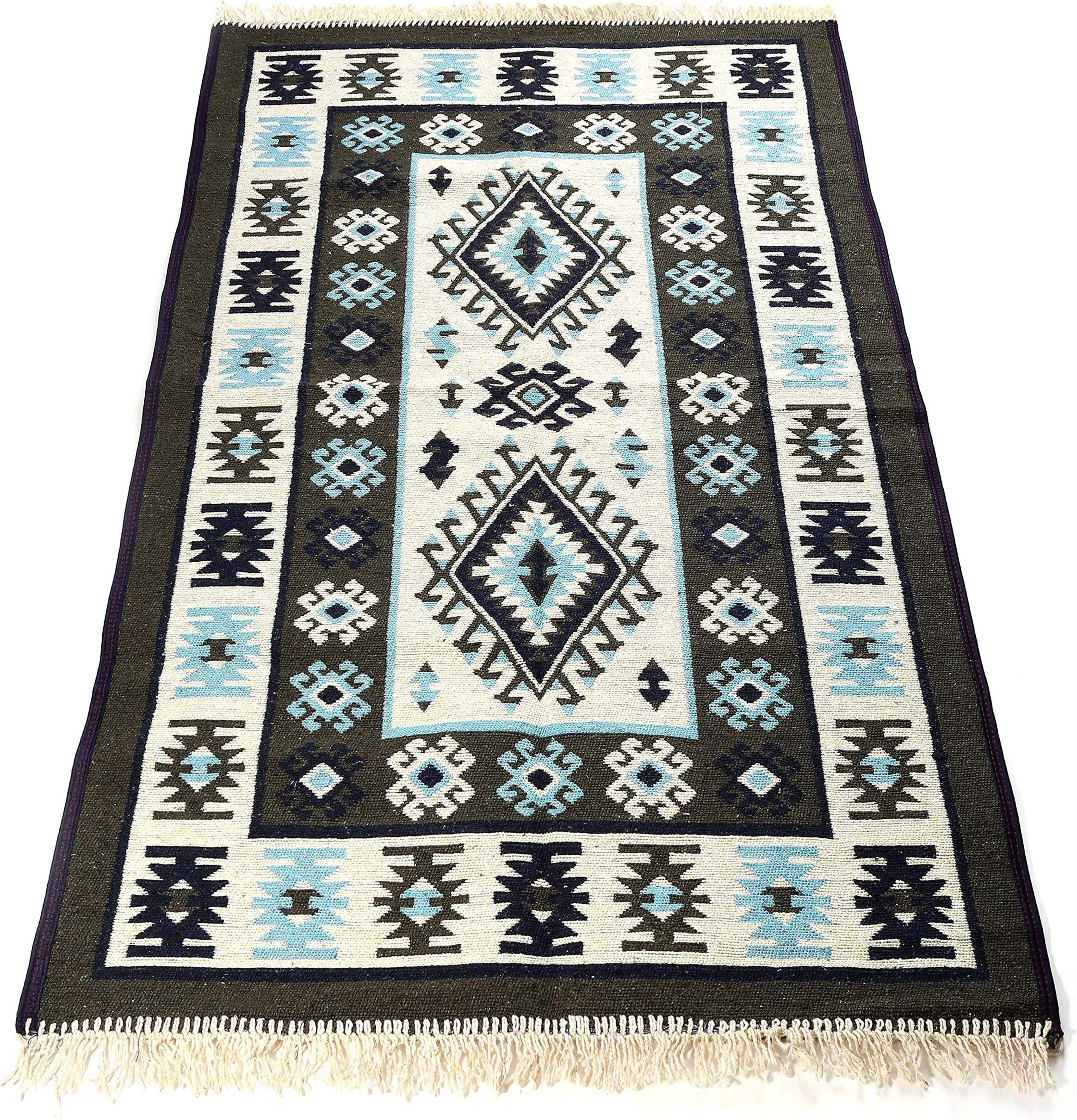 Traditional Bohemian Turkish Area Rug Kilim, Washable, Double Sided, Blue-White (80X120 CM)