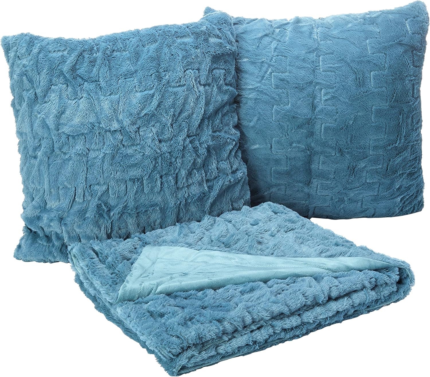 Consolation Areas Luxurious & Fuzzy Delicate Ruched Fake Fur Plush Throw Blanket Set with 2 Matching Sq. Pillow Covers, for Couch,Chair, Sofa, Residing Room, Dwelling Workplace, Teal 50″x 60″