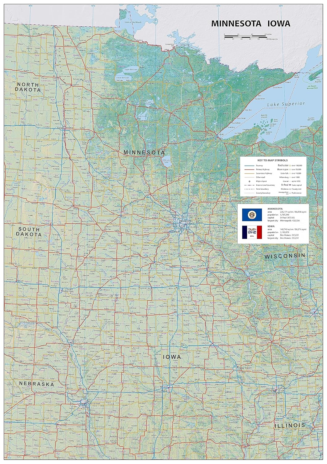 Amazon.co.jp ミネソタ州とアイオワ州の物理的ポスターマップ 23.3 x 16.5インチ ラミネート紙 文房具・オフィス用品