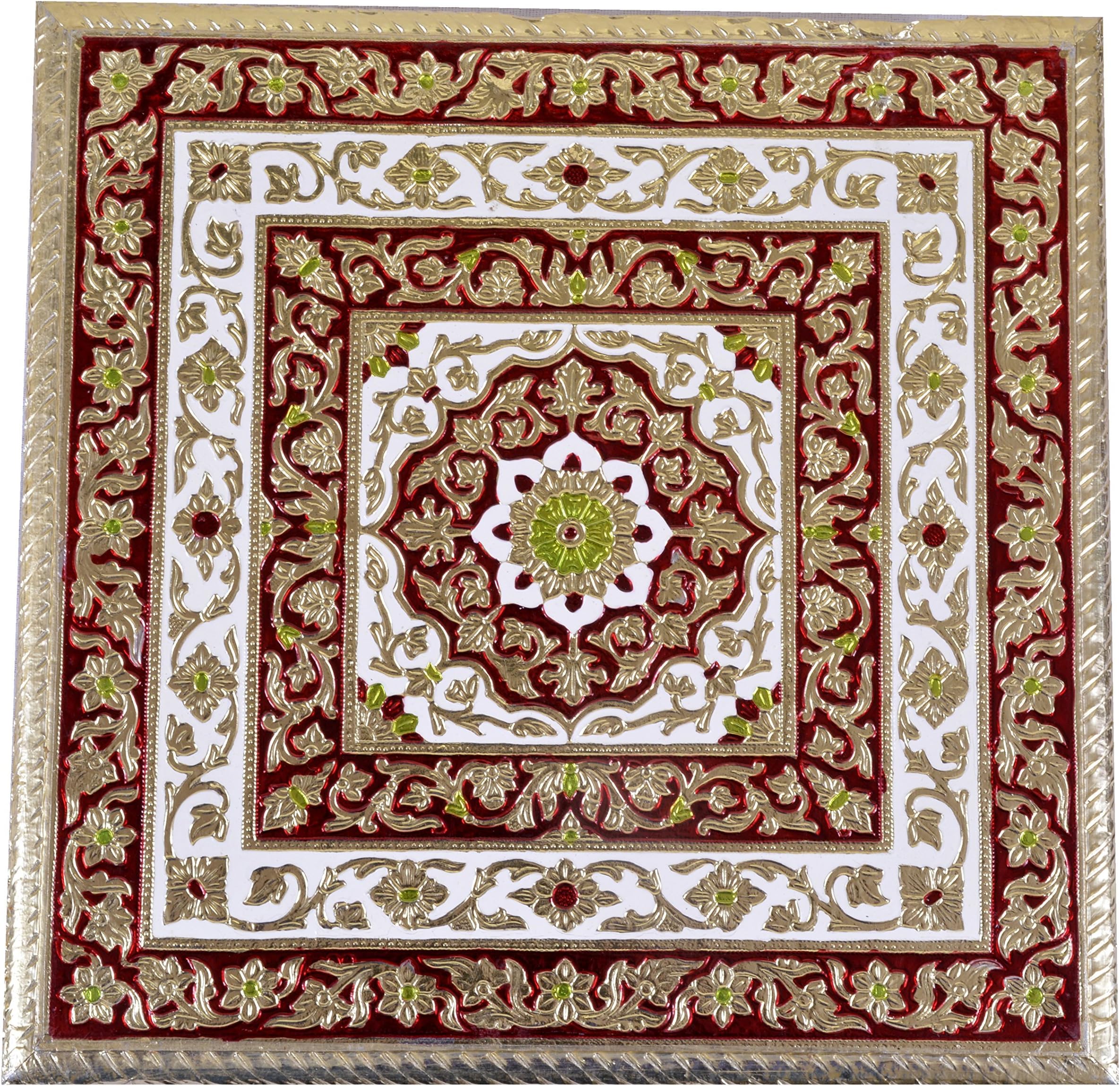 Meenakari Puja Bajot/Table/Chowki (Hindu Pooja, Indian Religious Chaurang), Vintage Gold Design, 8'' L X 8'' W X 5'' H, Small