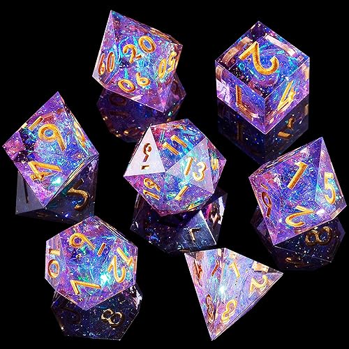 Mini Planet Polyhedral Galaxy 7PCS DND Tabletop Role Playing Game TTRPG D4 D20 Dice Set - Galaxy Purple