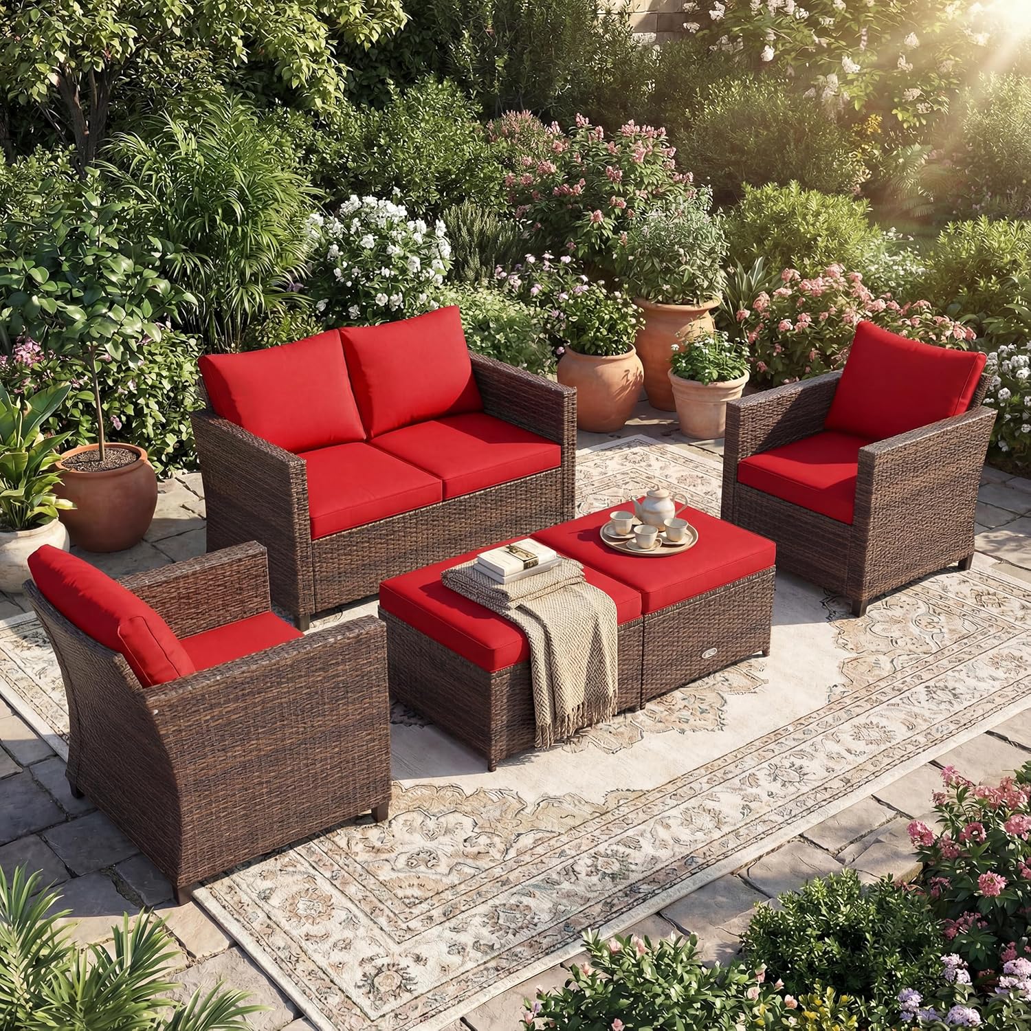 Tangkula 5 Pieces Rattan Patio Furniture Set, Outdoor Sectional Wicker Sofa Set with Loveseat, 2 Single Sofas, 2 Ottomans & Removable Cushions, Outside Daybed Sofa for Yard, Garden, Poolside (Black)