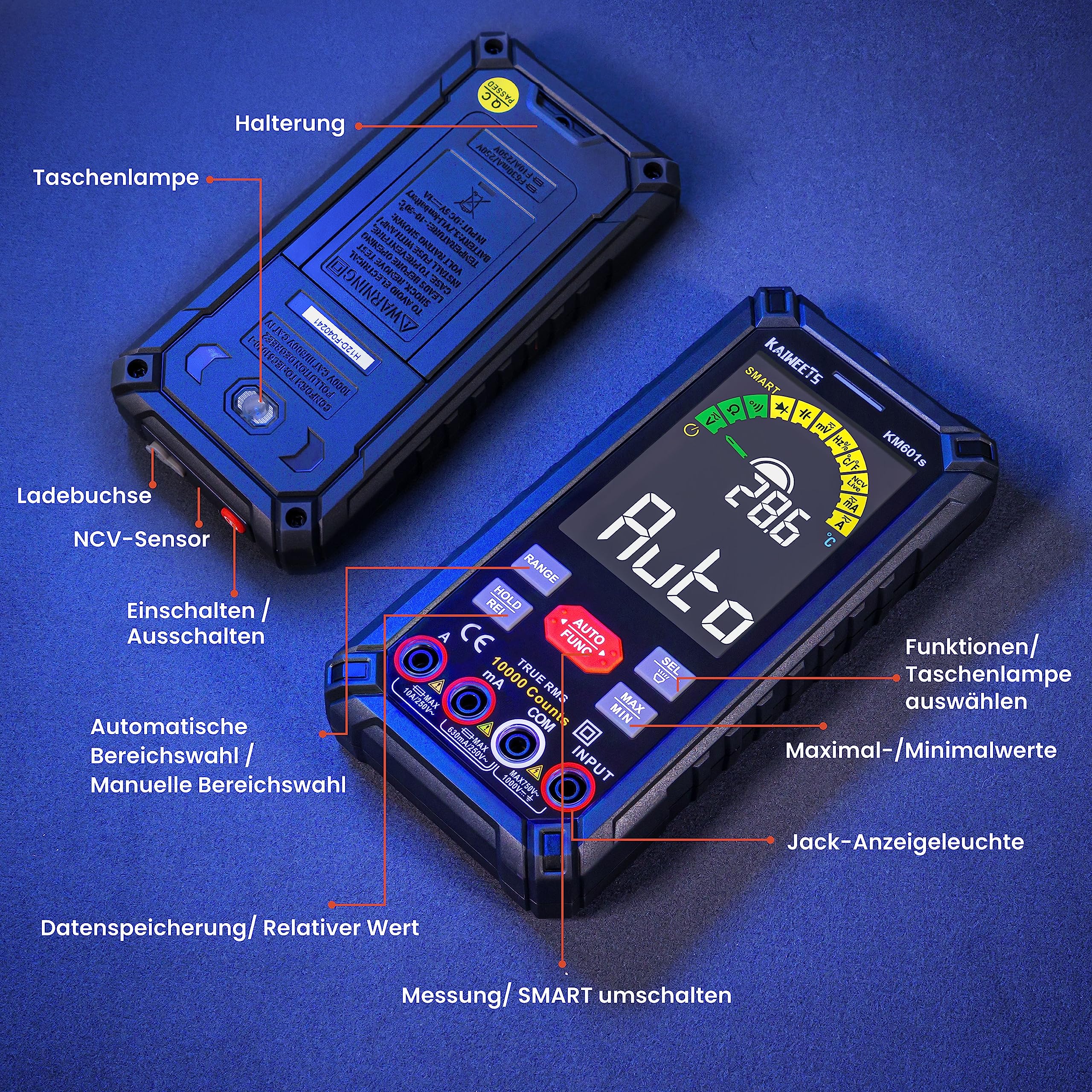KAIWEETS Multimeter mit 10000 Zählungen, Wiederaufladbares Digitalmultimeter mit True RMS Auto-Range, Intelligentes Strommessgerät misst Spannung, Strom, Widerstand, Durchgang, Frequenz KM601S