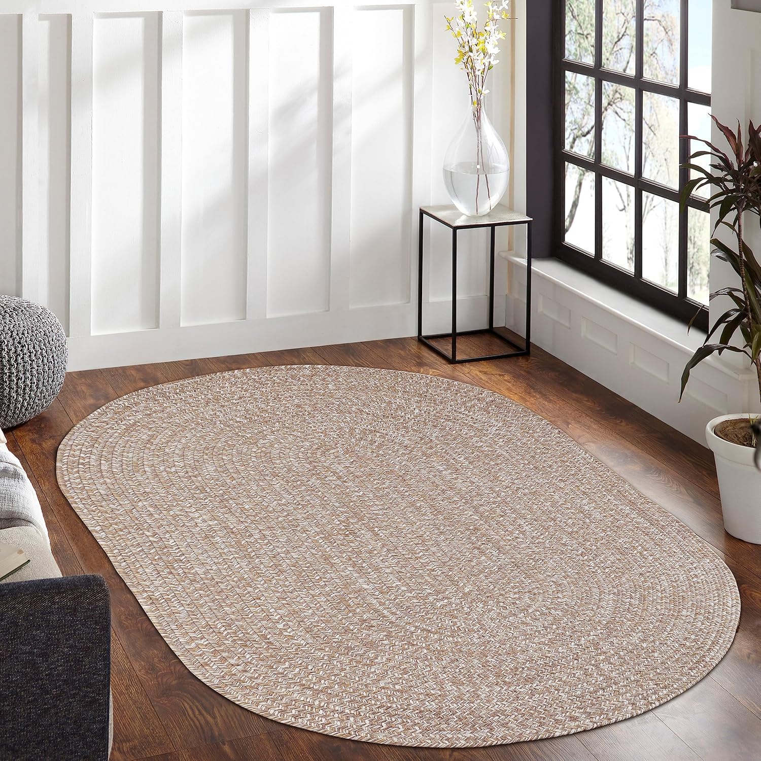 BNM Bohemian Indoor/Outdoor Oval Area Rug with Multihued Braided Pattern, Perfect for Backyard, Patio, Office, Living Room, Hardwood, Tile, or Carpet Cover, Floor Decor, 5' x 8', Canvas- White