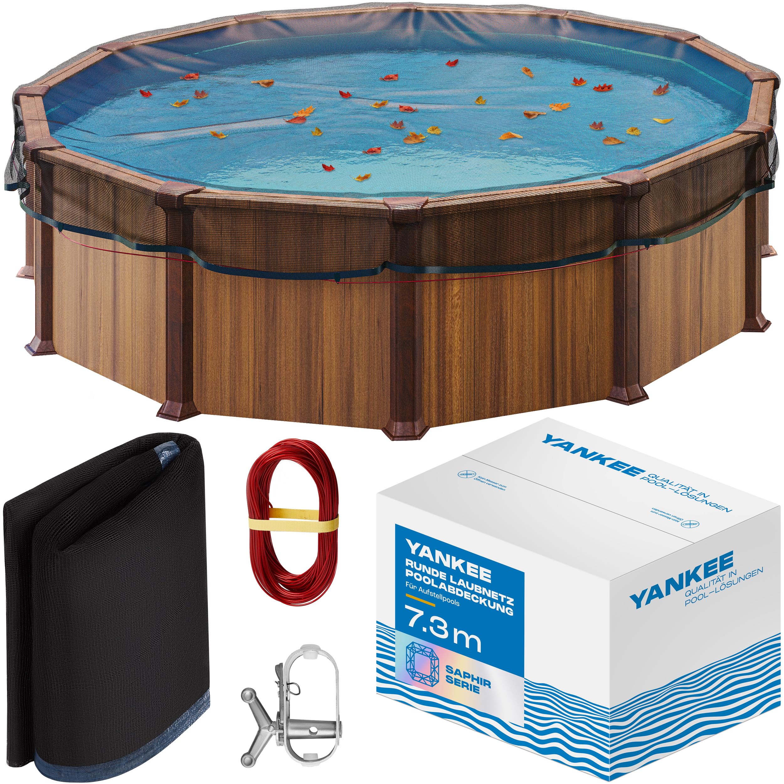 Yankee - Runde Pool Laubschutznetz 850 cm, 0,4 cm Masche, Schutznetz für Aufstellpools, hält Blätter & Schmutz fern, reißfeste Anti-Verstopfungs-Mesh
