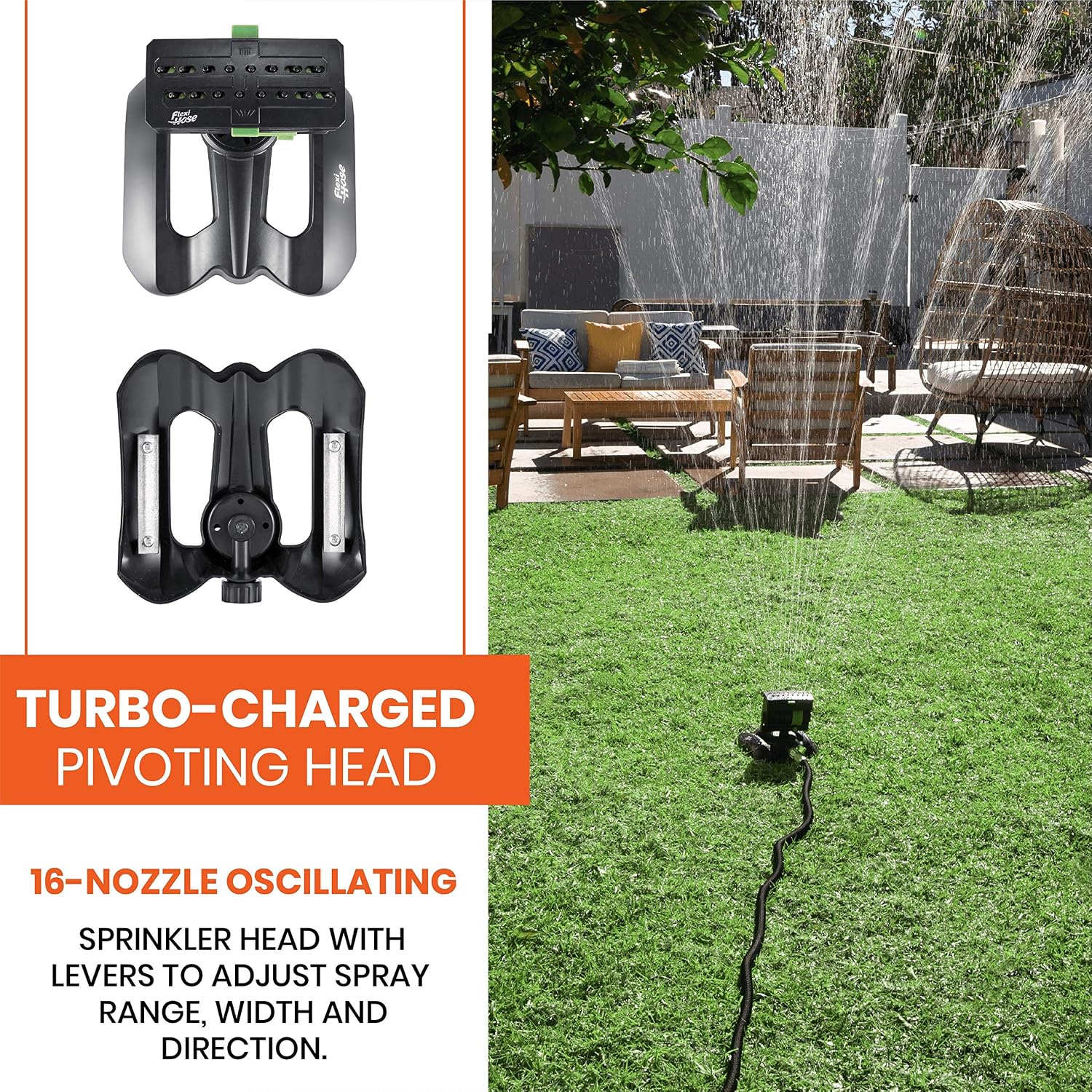 Flexi Hose Mini Oscillating Sprinkler with Pivoting Head, Adjustable Spray Angle, Adjustable Water Flow and Spray Area Control for Small and Large Lawns and Gardens Up to 3,875 Square Feet