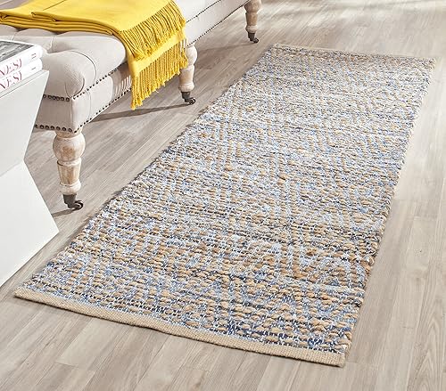 SAFAVIEH Cape Cod Collection - Alfombra de pasillo, 2 pies 3 pulgadas x 10 pies, natural y azul, hecha a mano, tejido plano costero trenzado, ideal