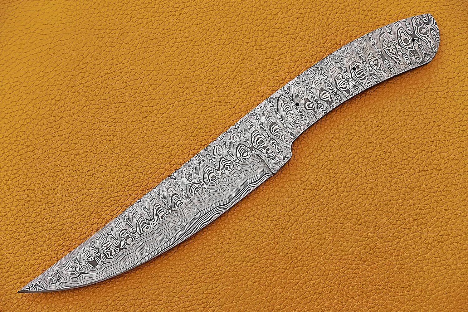 knife making, Damascus steel blank blade 11 inches long hand forged trailing point skinning Blade, Hunting knife with 3 Pin hole, 6 inches cutting edge, 4.5" scale space