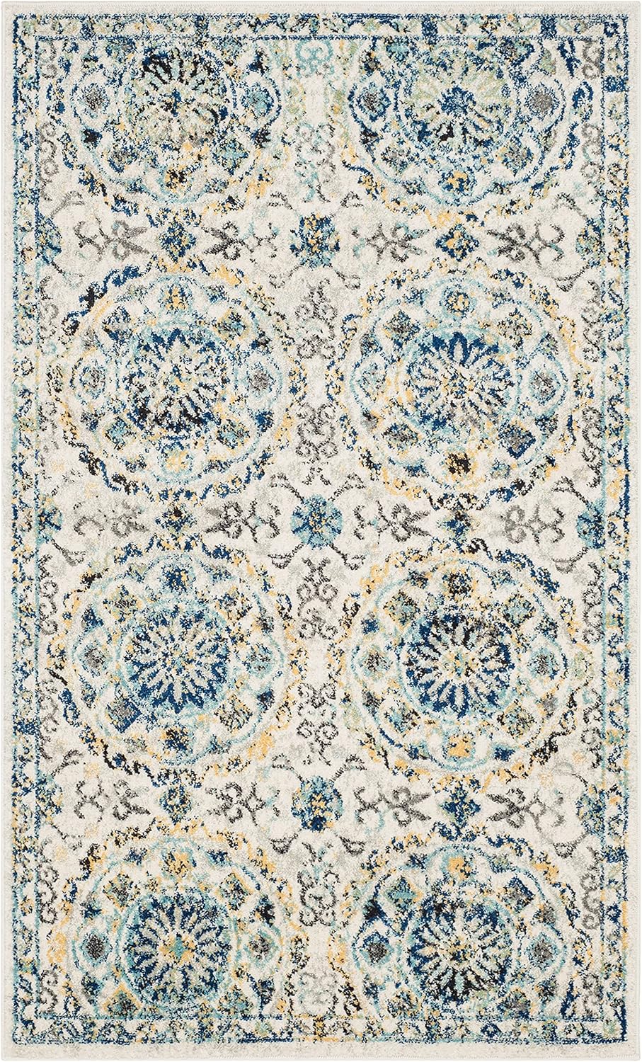 Ivory and Blue High Pile Synthetic Area Rug