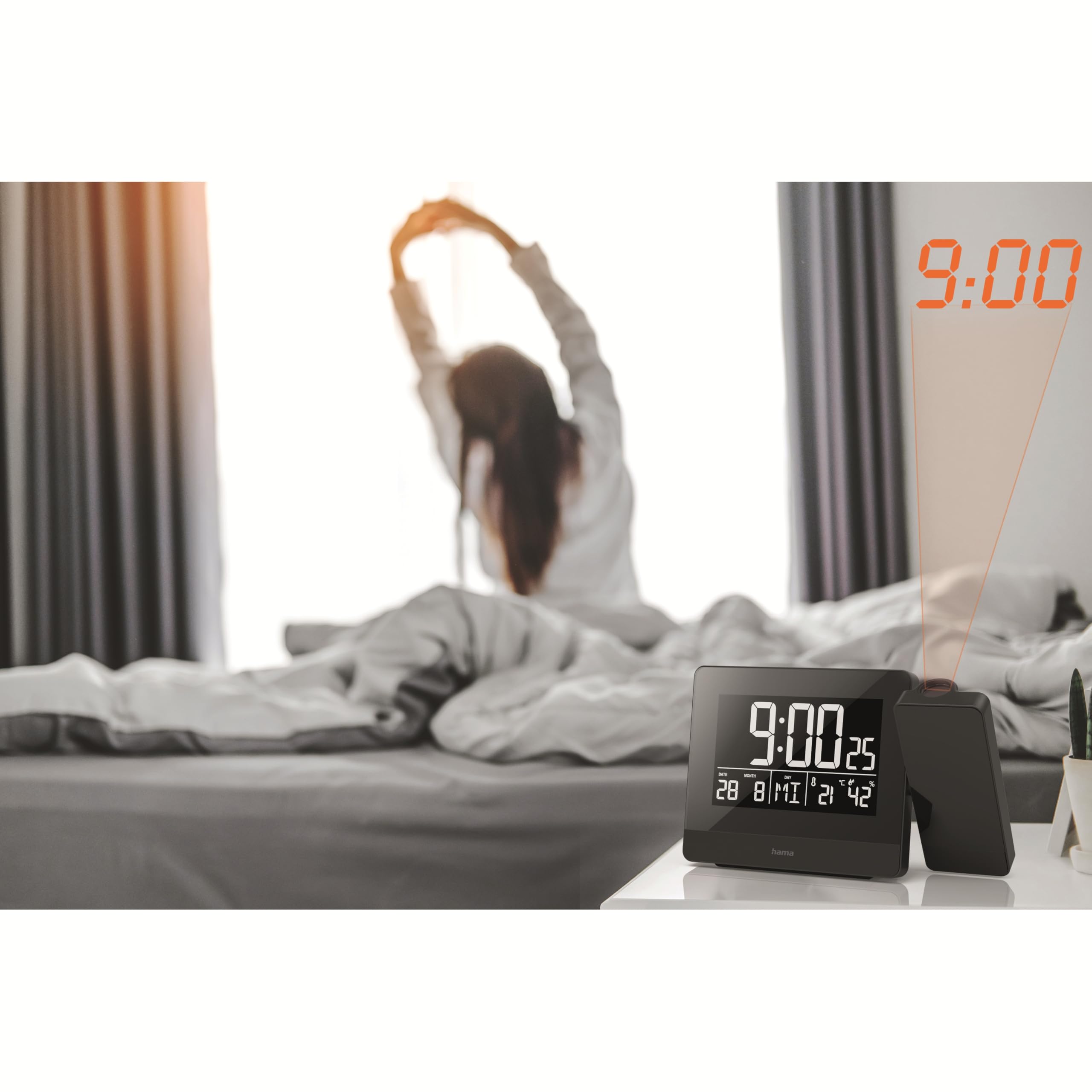 Hama Réveil à Projection 'Plus Charge' (Projection de l'heure sur Le Plafond, pivotable 360°, Radio piloté DCF, Thermomètre, Hygromètre, Port USB de Charge) Noir