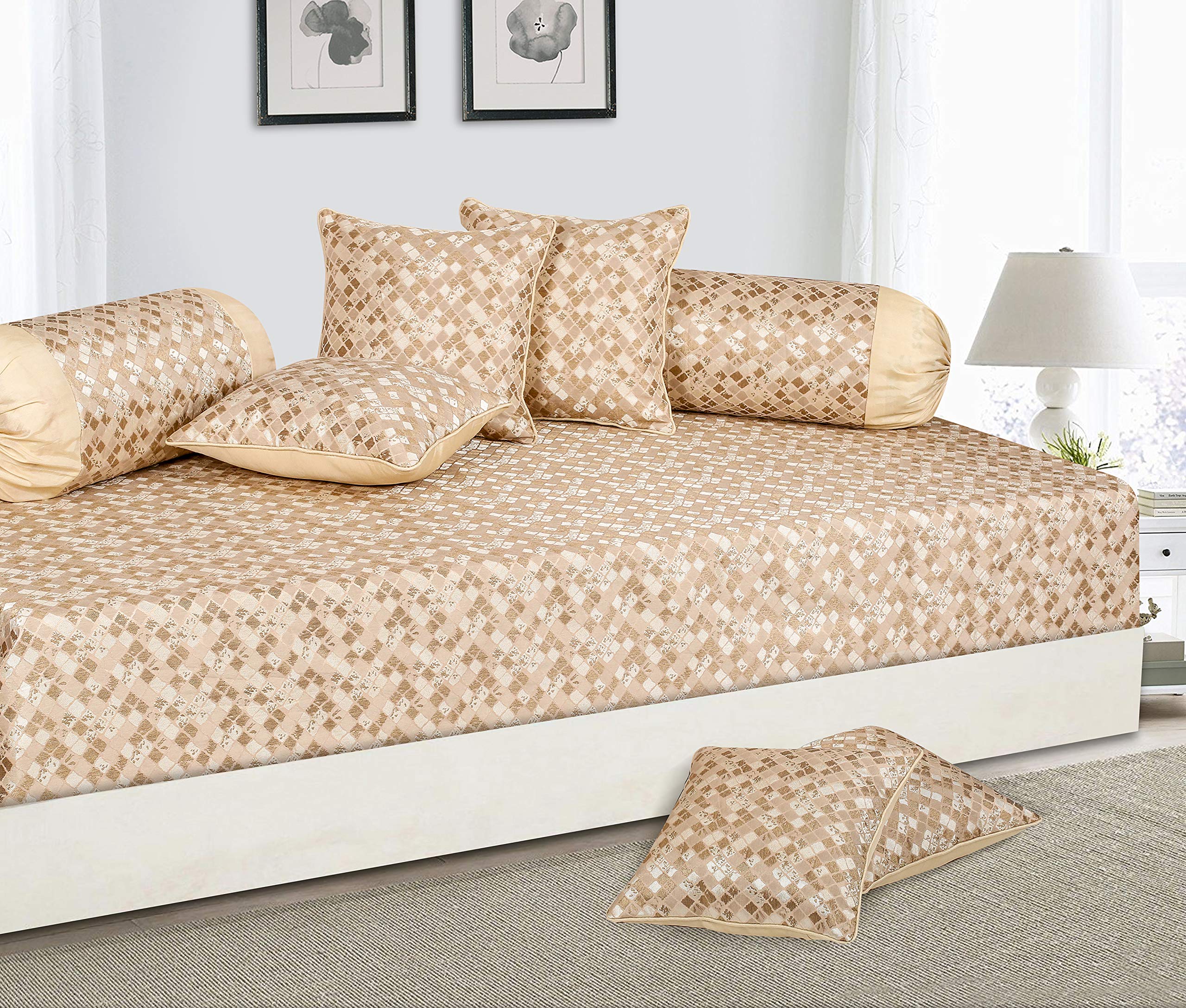 AKB EXPORTS Styria Satin Mini Check Pattern Diwan Set 8 Pcs - 1 Bed Cover - 60"x90", 2 Bolsters - 16" x 32" and 5 Cushion Covers - 16" x 16" (Beige)