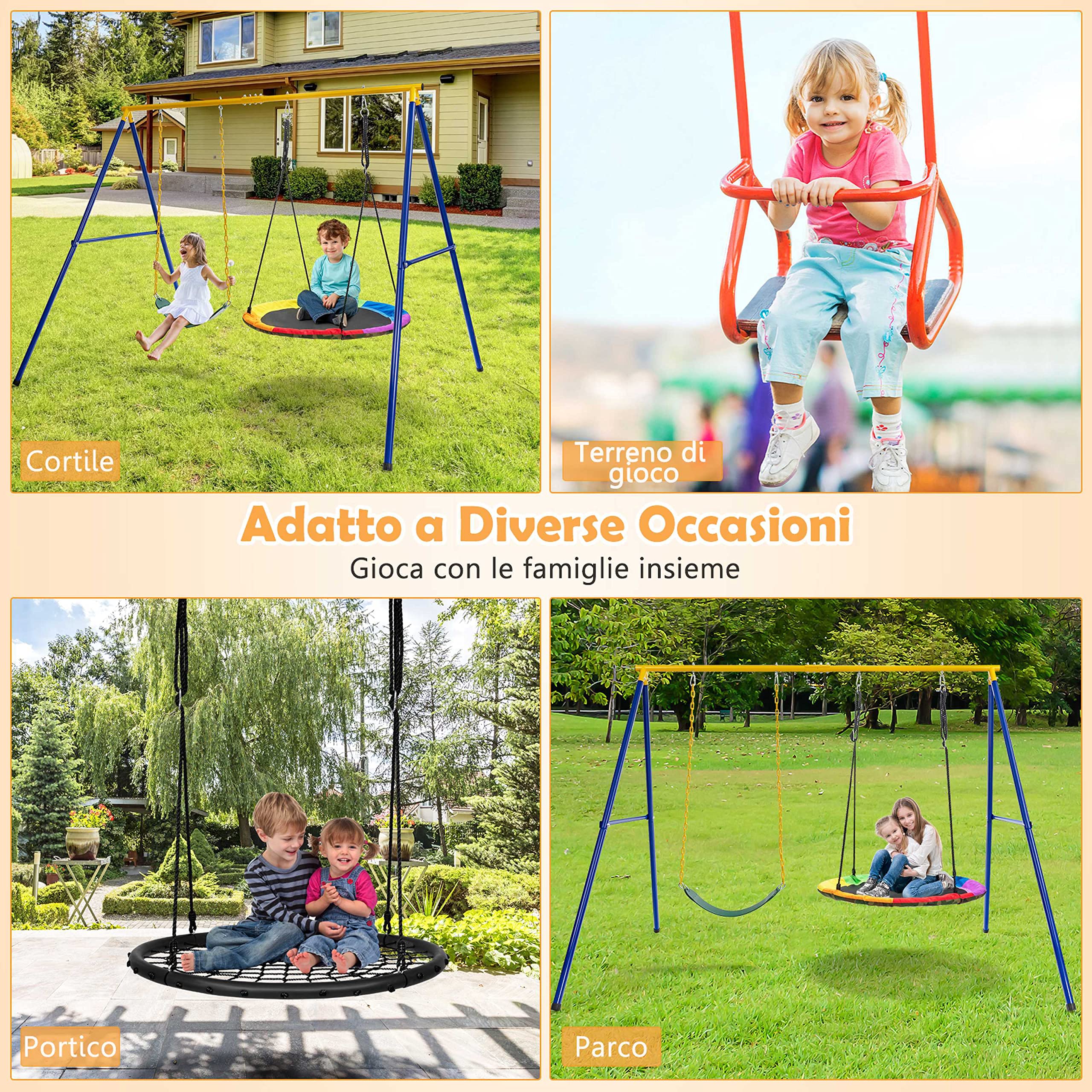 COSTWAY Set Altalena da Giardino per Bambini, Struttura di Metallo ad A con 1 Sedile in EVA Morbido e 1 Altalena Nido, Capacità 300 kg, Ideale per Giardino Parco Giochi (Giallo+Blu, Altalena+Supporto)