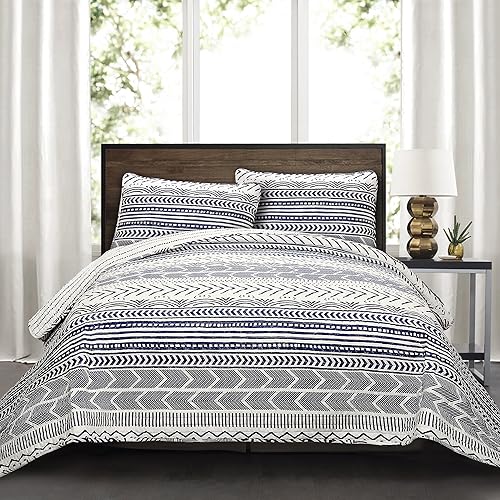 Lush Decor Hygge Geo - Juego de ropa de cama (3 piezas), Algodón, Azul marino y blanco, Full Queen