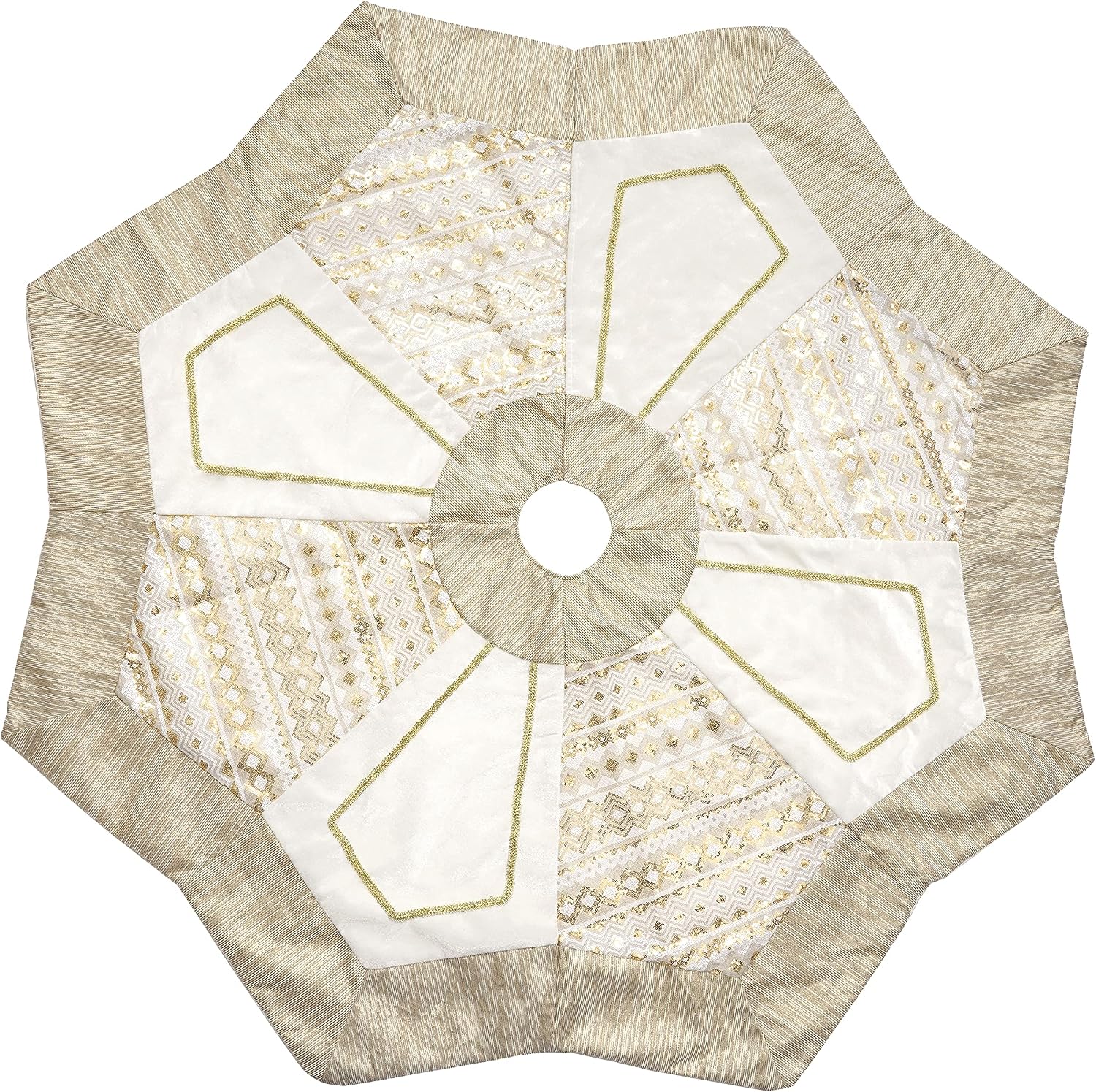 Valery Madelyn 60 inch Elegant White Gold Octagon Extra Large Christmas Tree Skirt Decorations with Embroidery Patchwork & Geometric Sequin Pattern, Holiday Party Christmas Tree Decor
