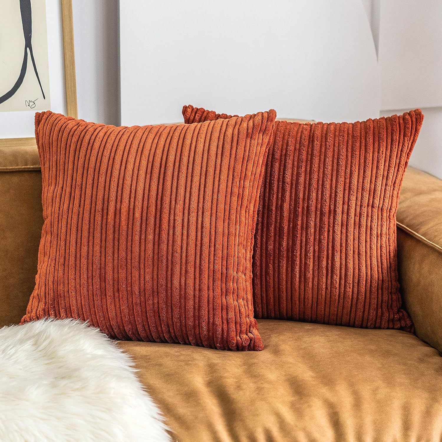 UGASA Fall Decor Super Soft Striped Corduroy Pillow Covers Large Throw Pillow Sham Cushion Cover Living Room, 1 Pc, 24" x 24" (Pack of 1) (61cm), Burnt Brick - Image 3