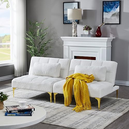 Sofá cama tipo futón convertible con patas de metal dorado, moderno sofá cama convertible multifuncional, tela de peluche, sofá seccional pequeño,