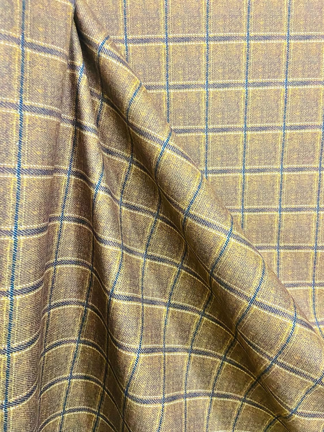 Tattersall Plaid Design Velvet Finish Digitally Printed Soft and Rich Furnishing Fabric for Sofa, Cushions, Chair, Craft - Width 54 inches - Fabric by The Yard - Dijon Yellow