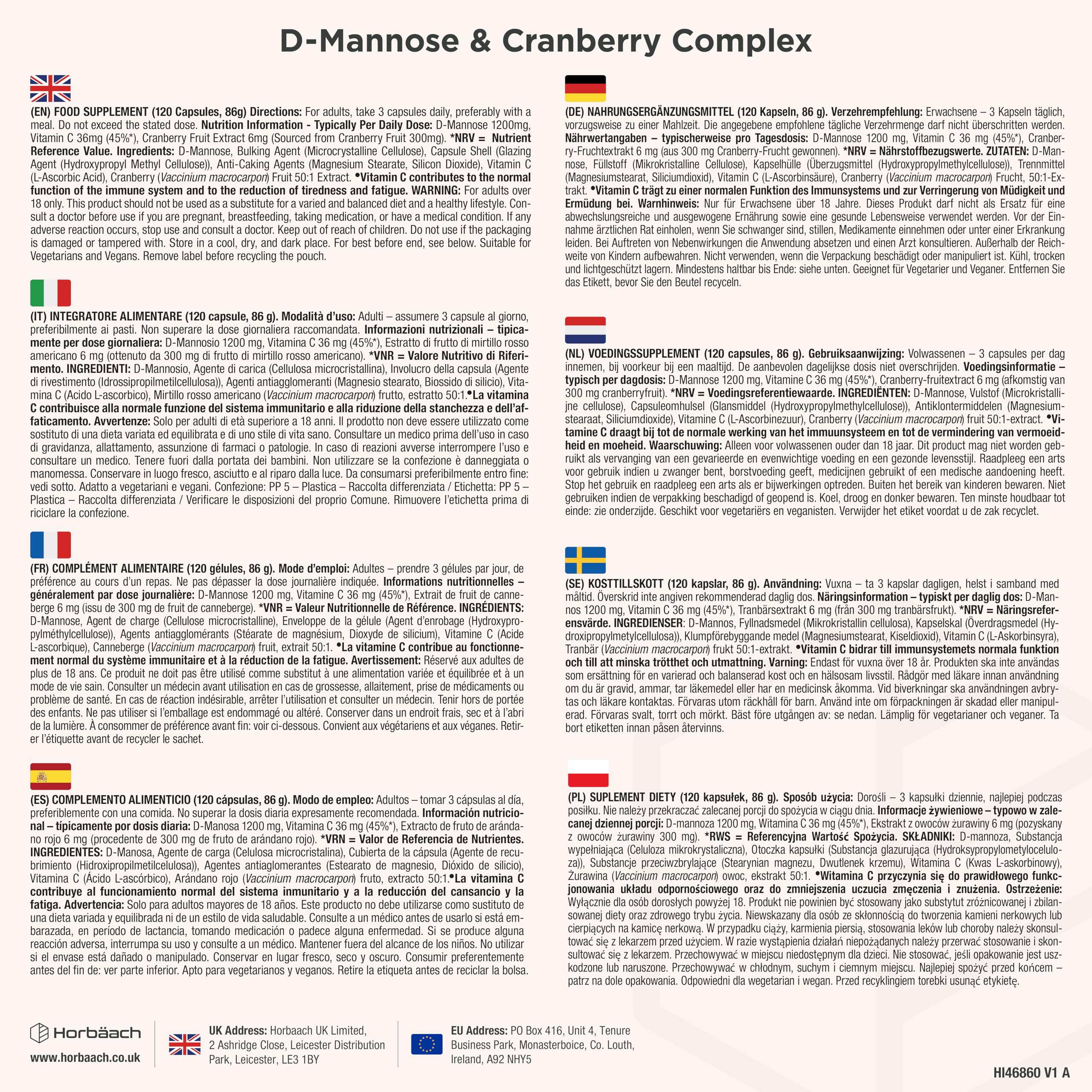 D Mannosio Cranberry 1500 mg | 120 Capsule Vegane | con Vitamina C | aiuta il Sistema Immunitario | di Horbaach