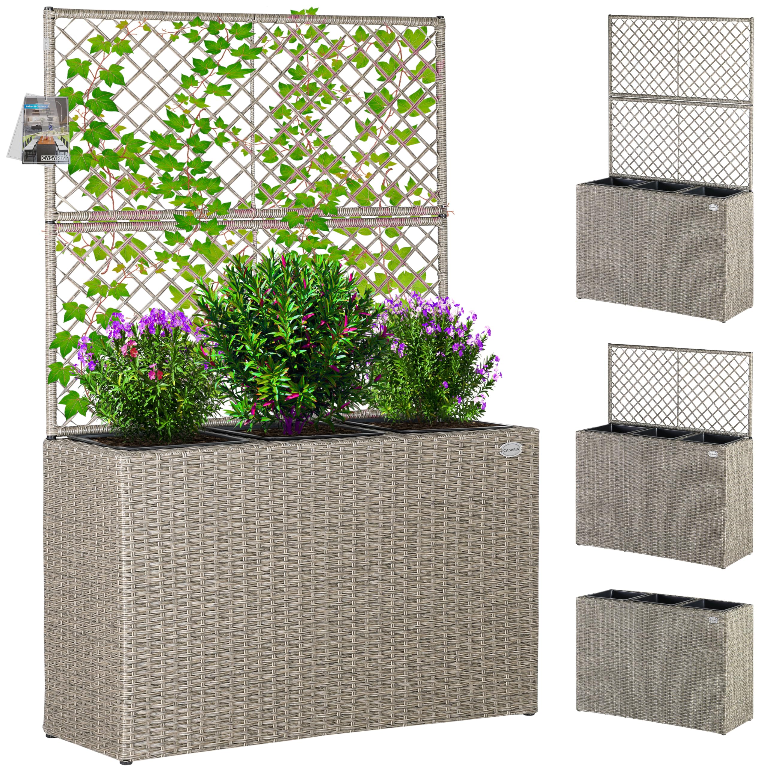 CASARIA® Large Rattan Garden Trough Planter With Trellis, 3 Pots, Raised Bed, Plant Pots Indoor or Outdoor, Plant Pots, Plant Pot for Outdoor Garden Patio, Growing Climbing Frame Support | Cream — image 1