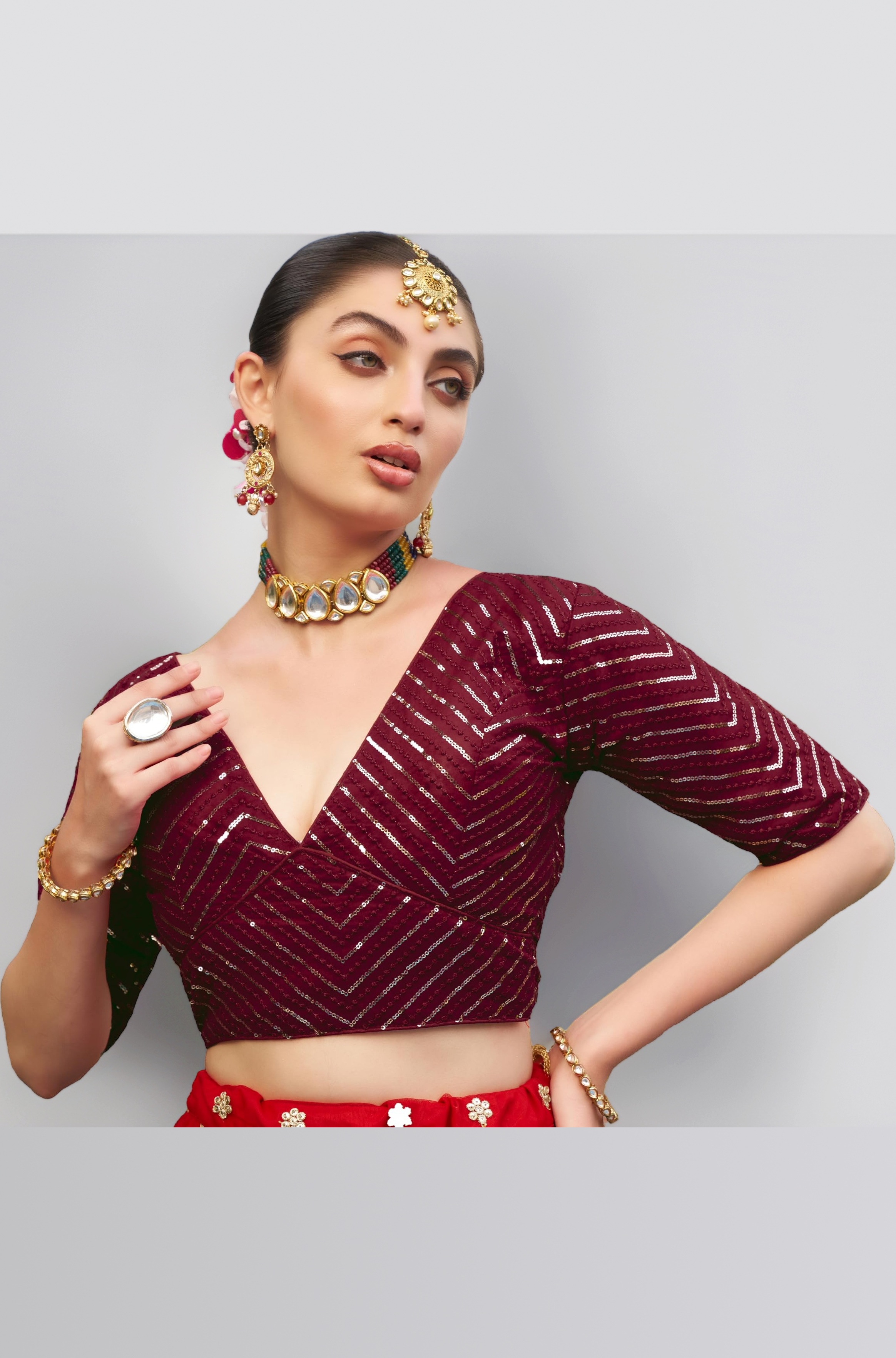Pujia Mills Womens Fancy Readymade Ethnic wear Half Sleeve Sequins Saree Blouse sabyasachi Blouse for Women Saree and Lehenga Choli Bridal Blouse