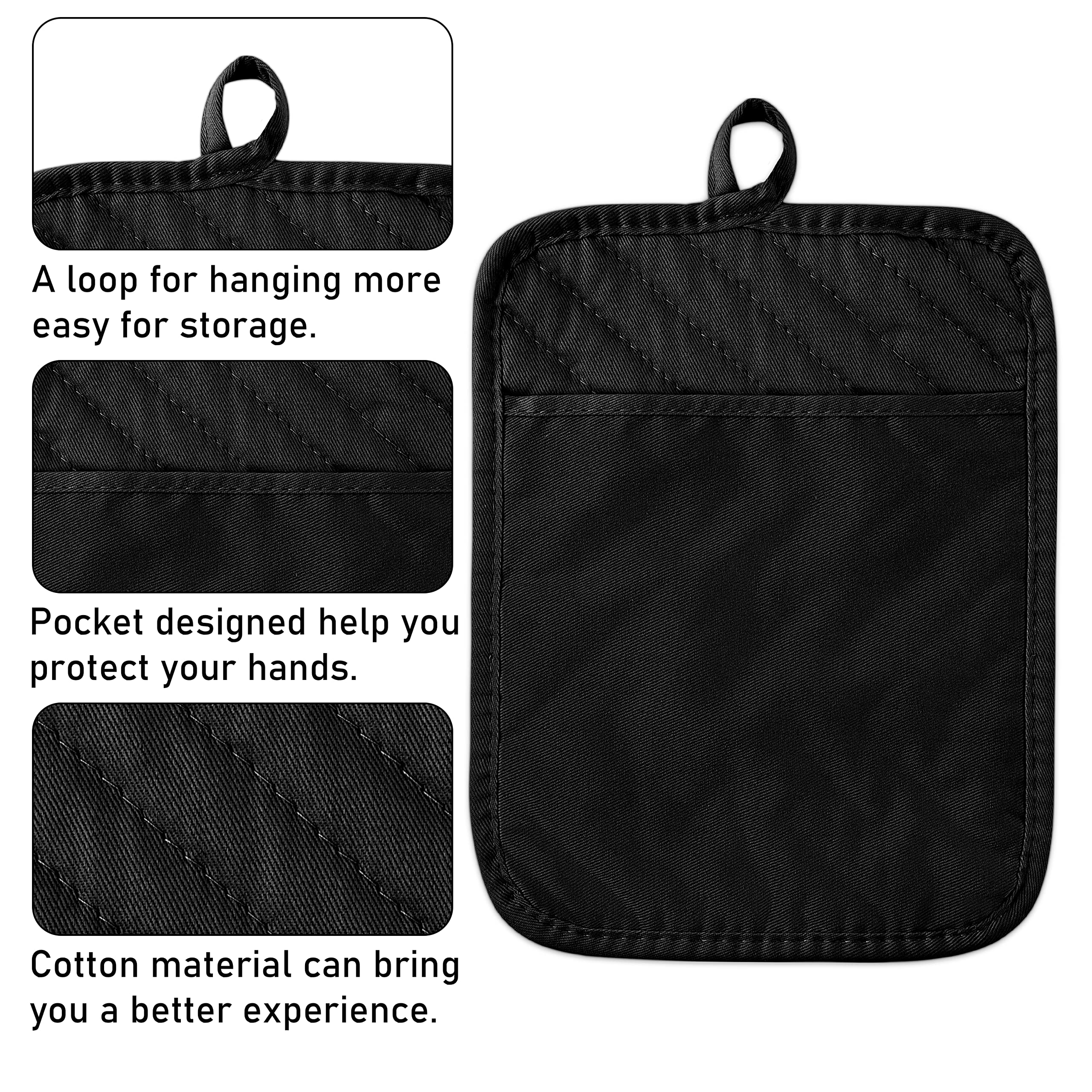 5-Pack Cotton Terry Oven Mitts & Pot Holders - Heat Resistant Round Kitchen Pads, Black