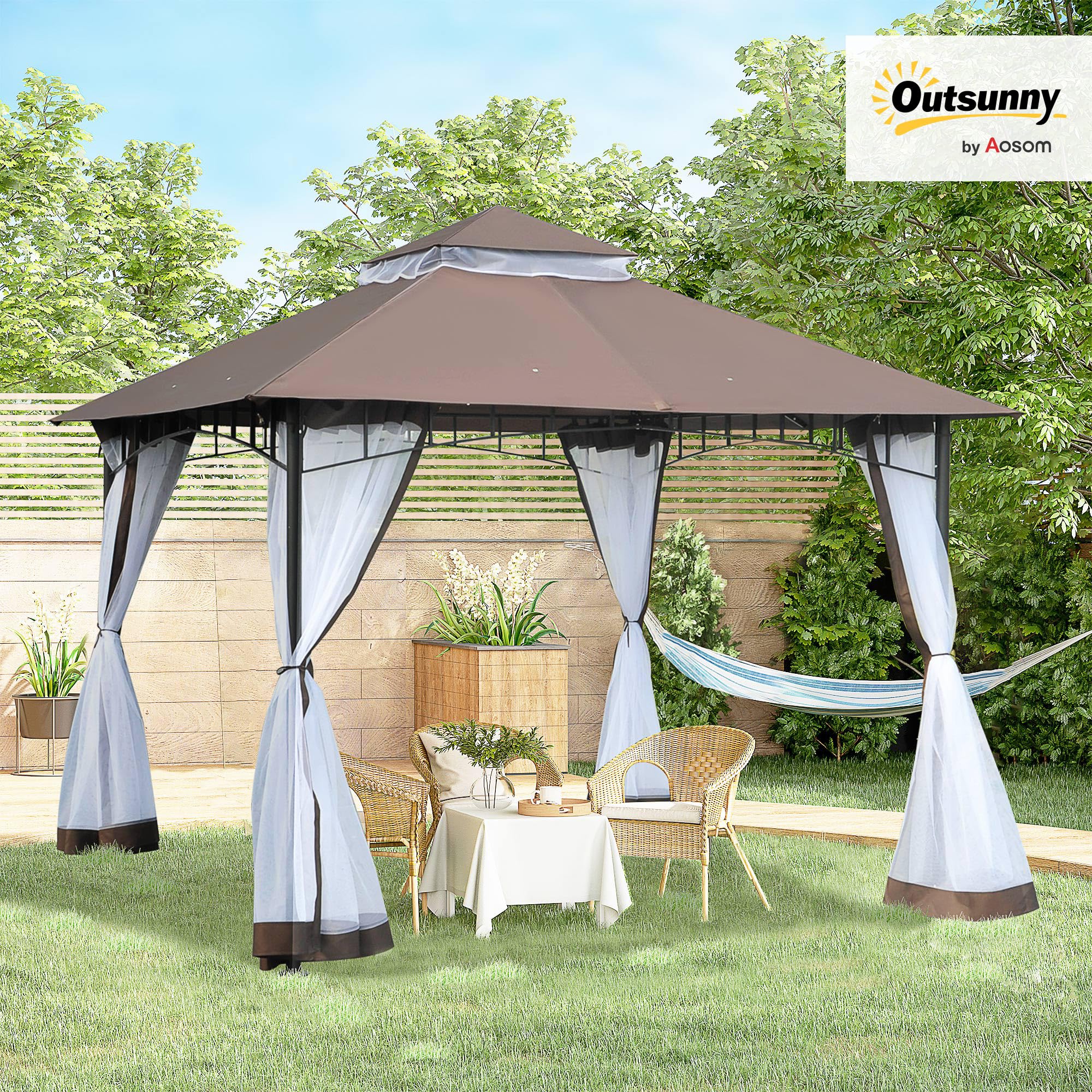 Outsunny Gazebo da Giardino 3x3m con Zanzariera Tetto 2 Livelli Marrone | in Poliestere, Struttura in Metallo