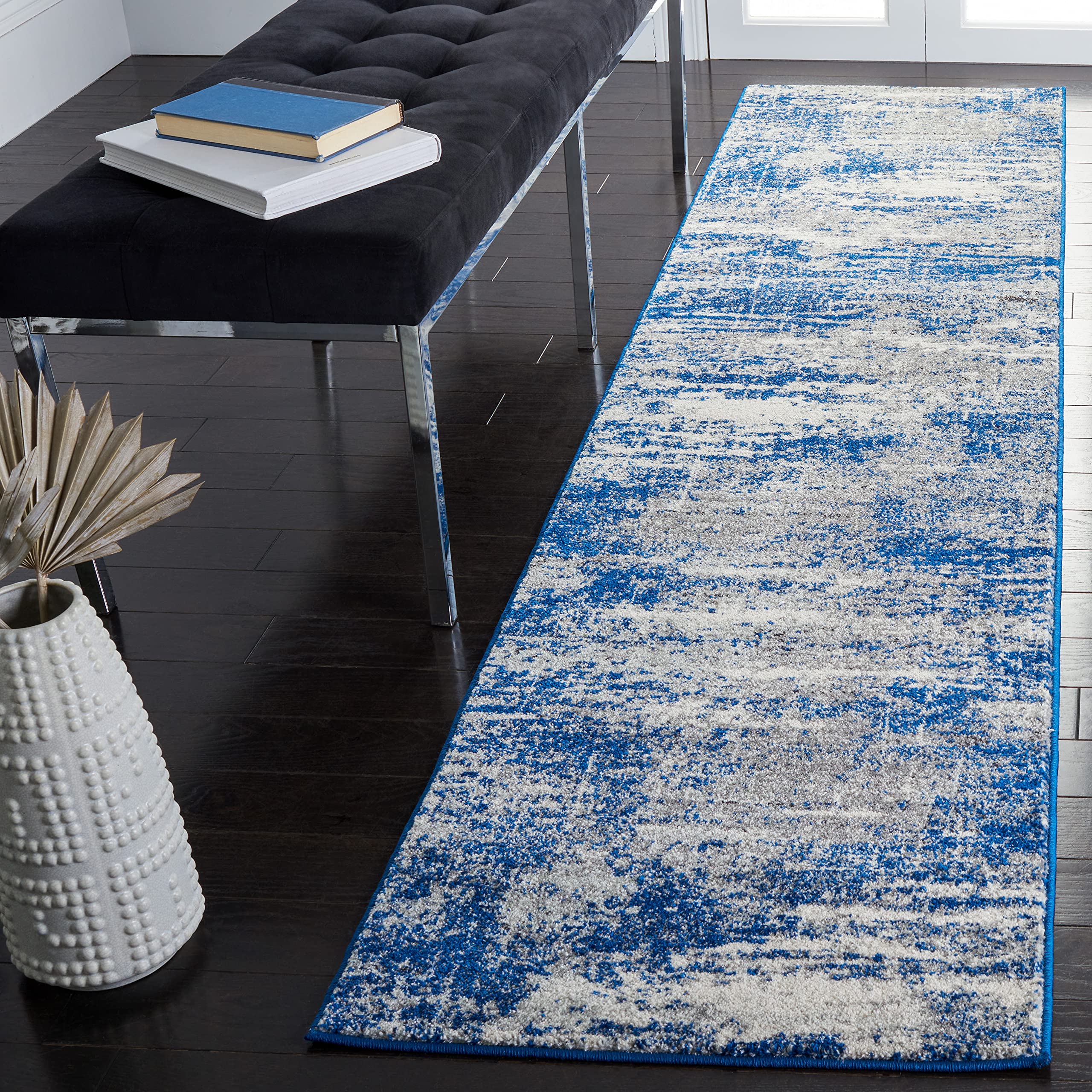 SAFAVIEH Evoke Collection Runner Rug - 2'2" x 9', Dark Blue & Grey, Modern Abstract Design, Non-Shedding & Easy Care, Ideal for High Traffic Areas in