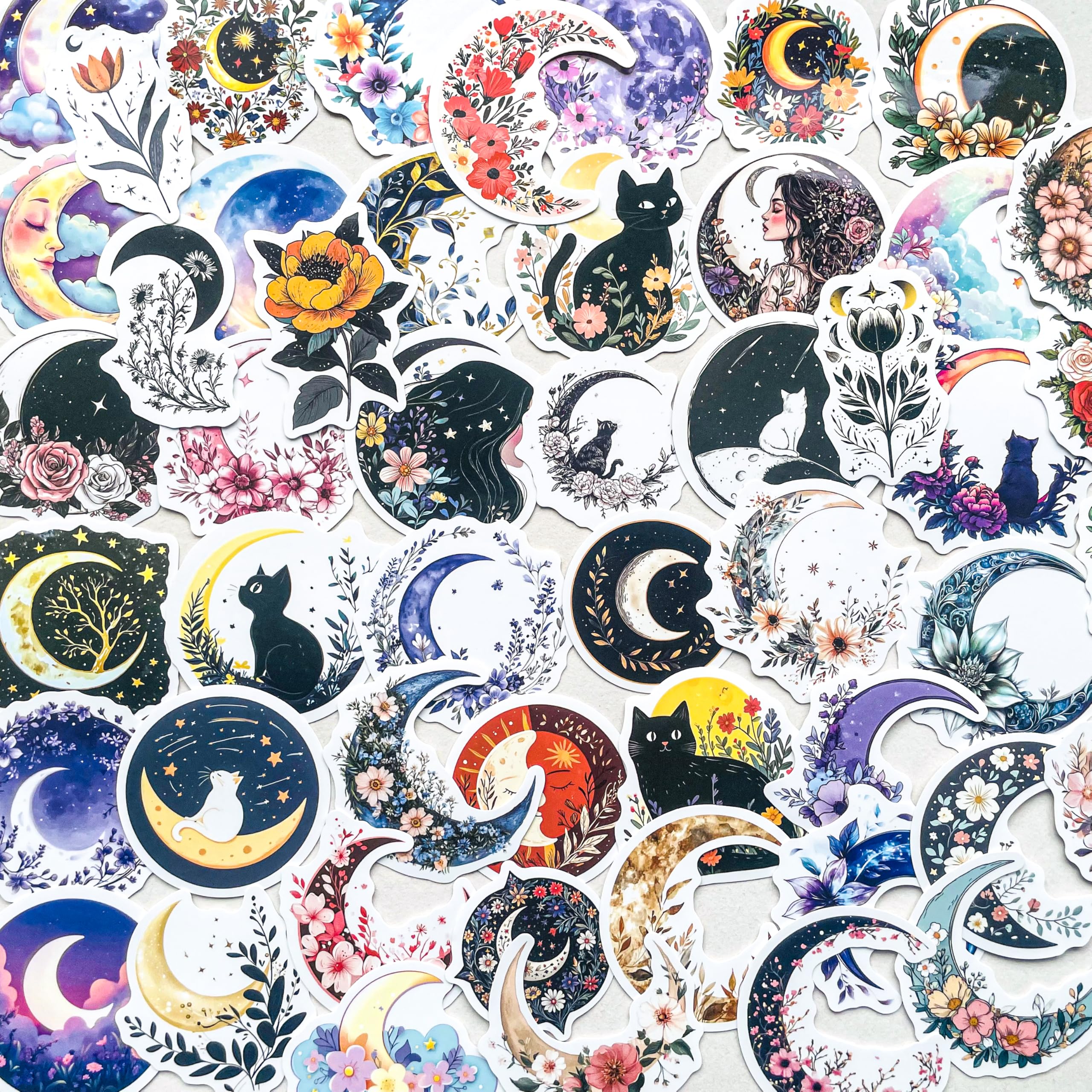 50 PCS Magical Moon Stickers – Aesthetic Lunar & Celestial Black Cats, Floral, Night Sky Waterproof Vinyl Decals for Scrapbooking, Journals, Laptops,