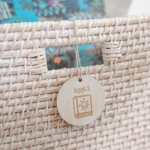 Miniatura 6 de Etiquetas de almacenamiento de juguetes de madera, cuerda de yute natural. 20 diseños únicos de etiquetas de madera para canasta tejida.