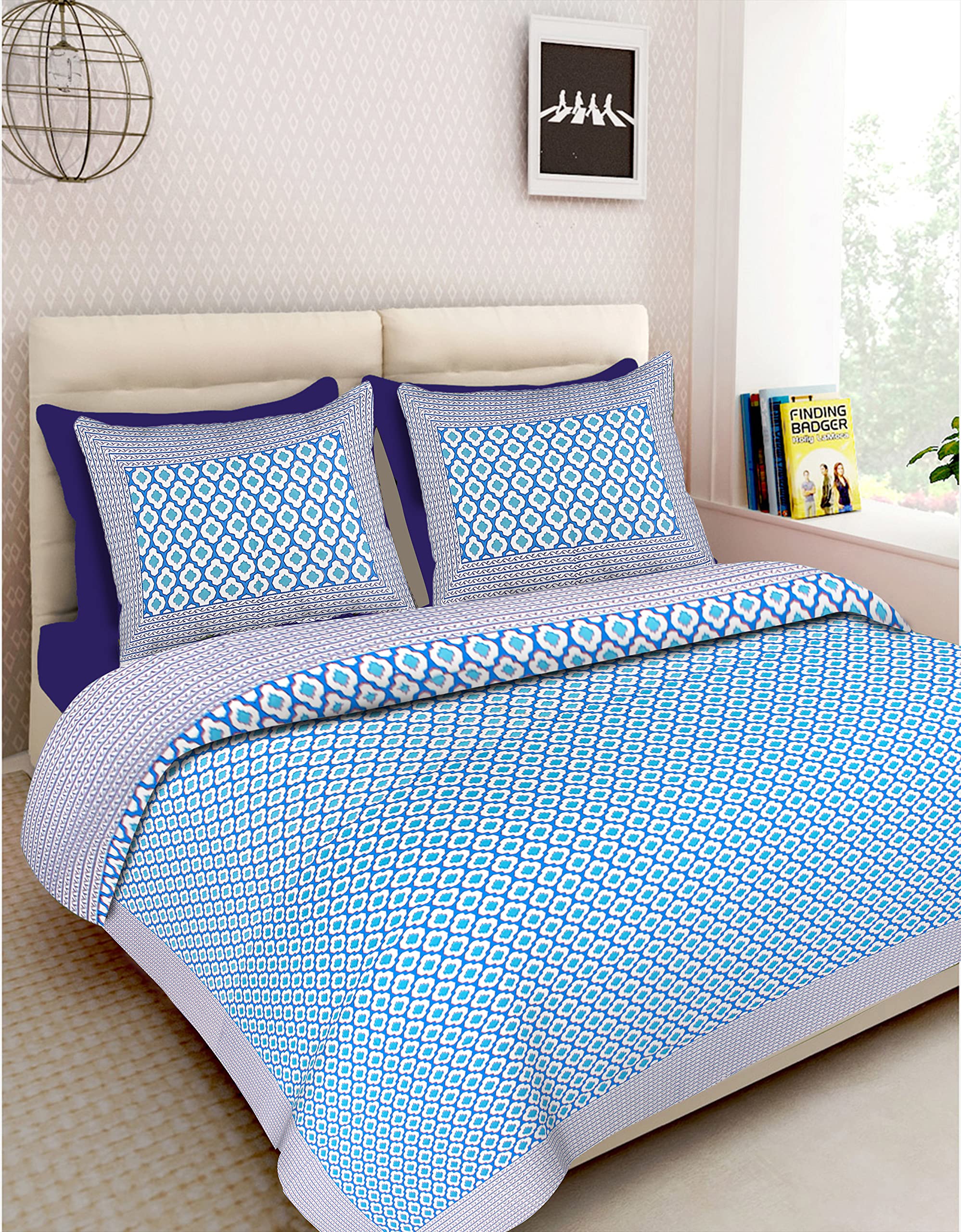 RHF 100% Cotton 220 TC King Size Bedspread Bed Cover Floral Design Double bedsheet with 2 Pillow Covers (King- 8 Feet X 9 Feet, 100" X 108", Blue)-picture-12